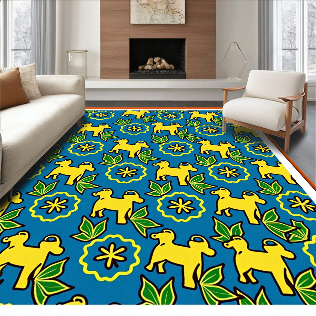 Yellow Dog Blue Floral Whimsical Garden Rug