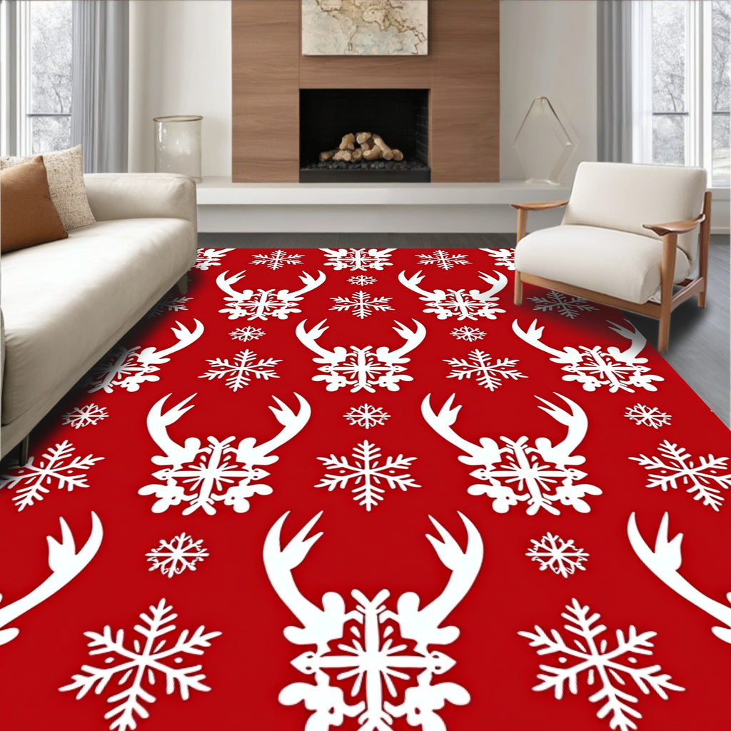 Scarlet Reindeer Snowflake Repeating Pattern Rug