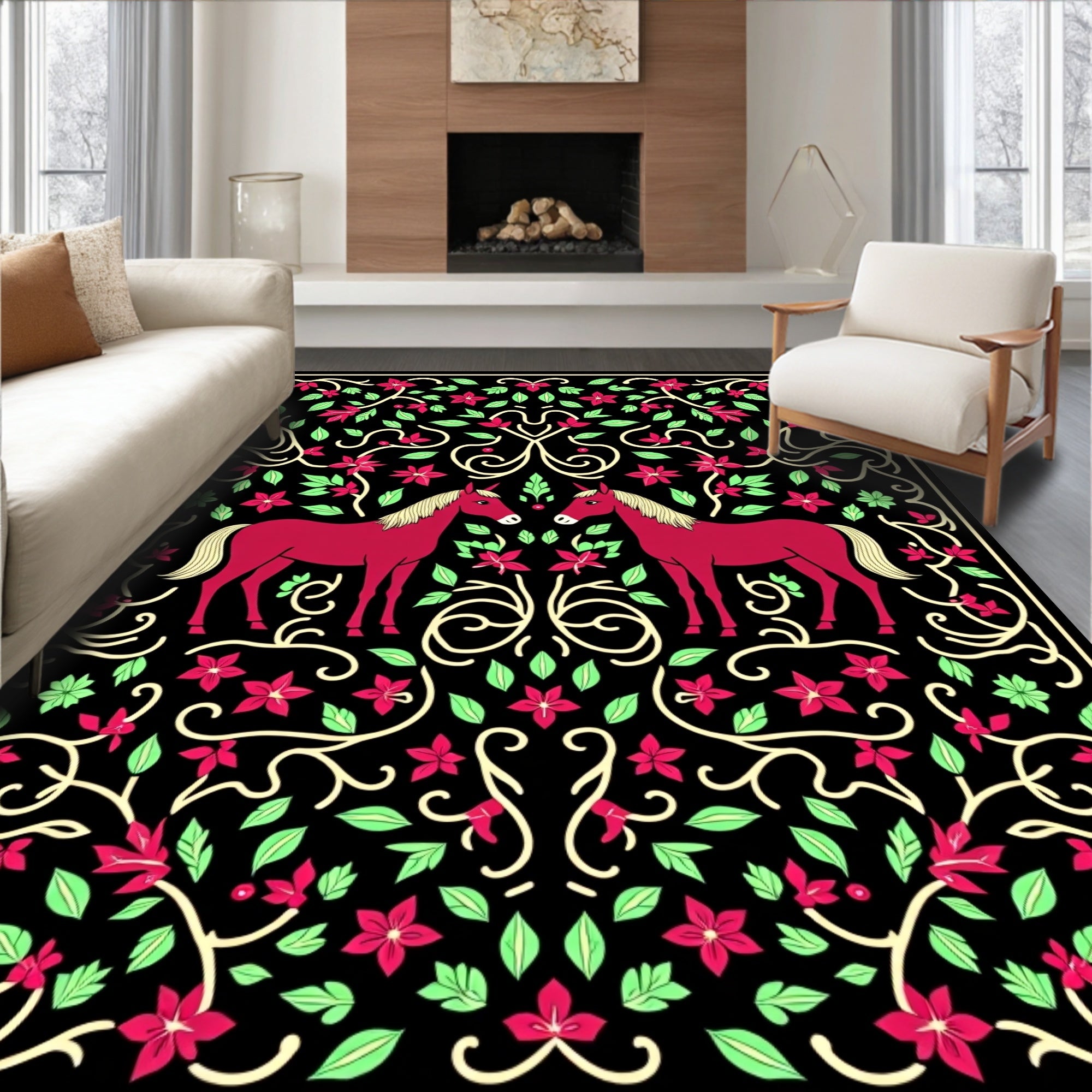Crimson Unicorn Floral Garden Tapestry Rug