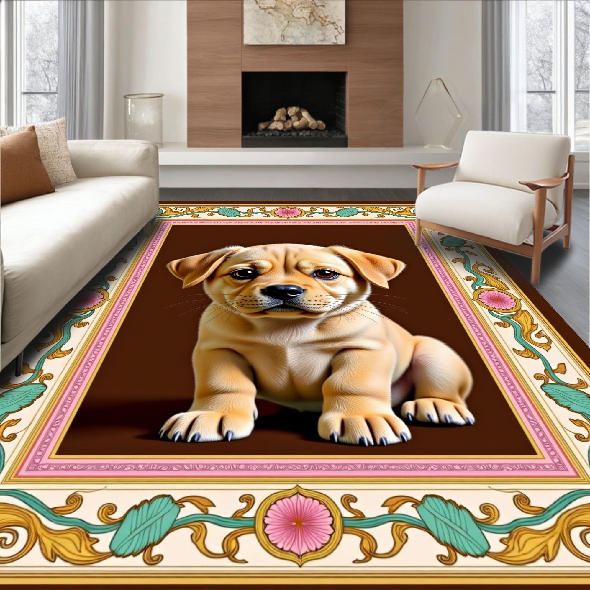 Golden Puppy floral Border Rug