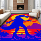 Bold Blue Dinosaur Sunset Landscape Rug