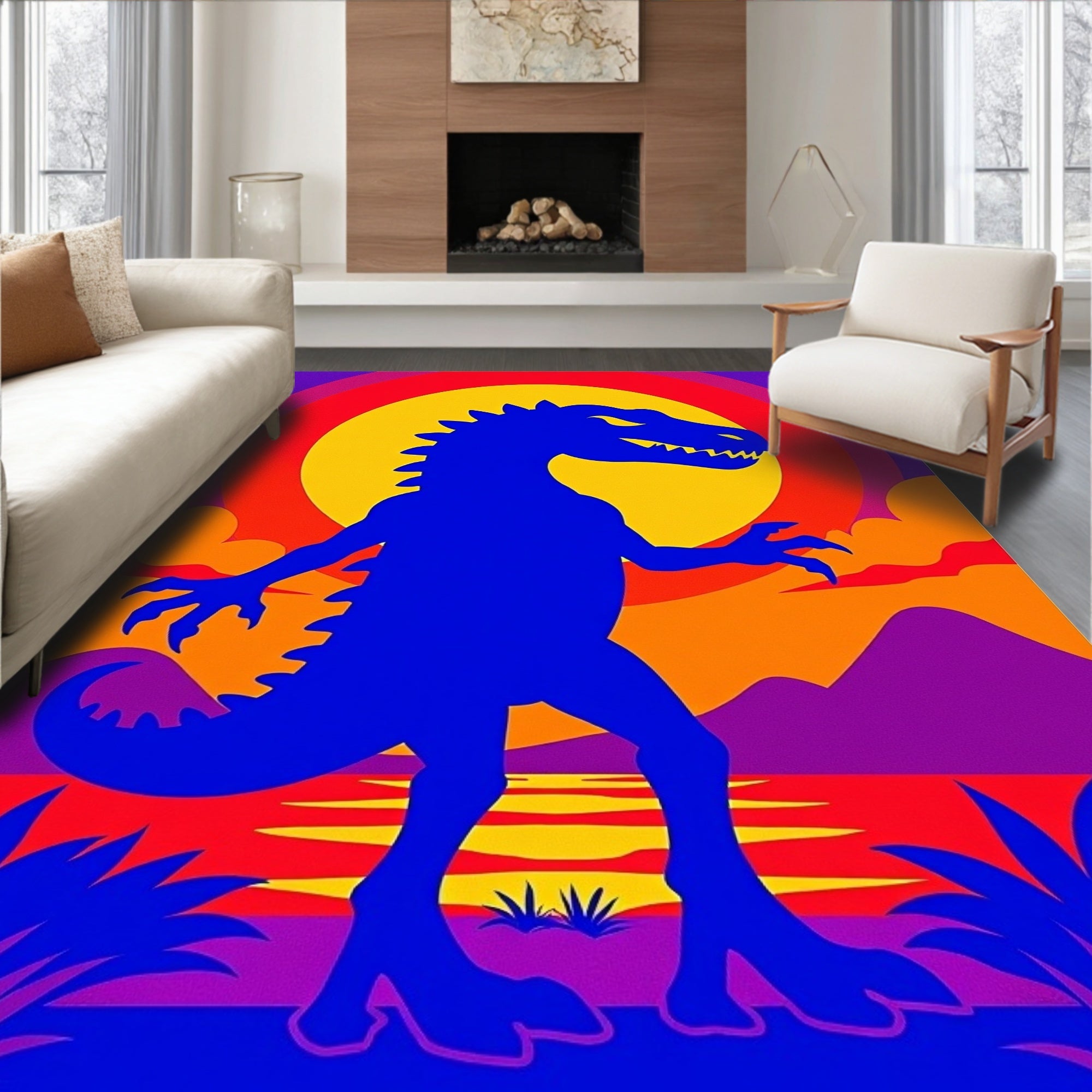Bold Blue Dinosaur Sunset Landscape Rug