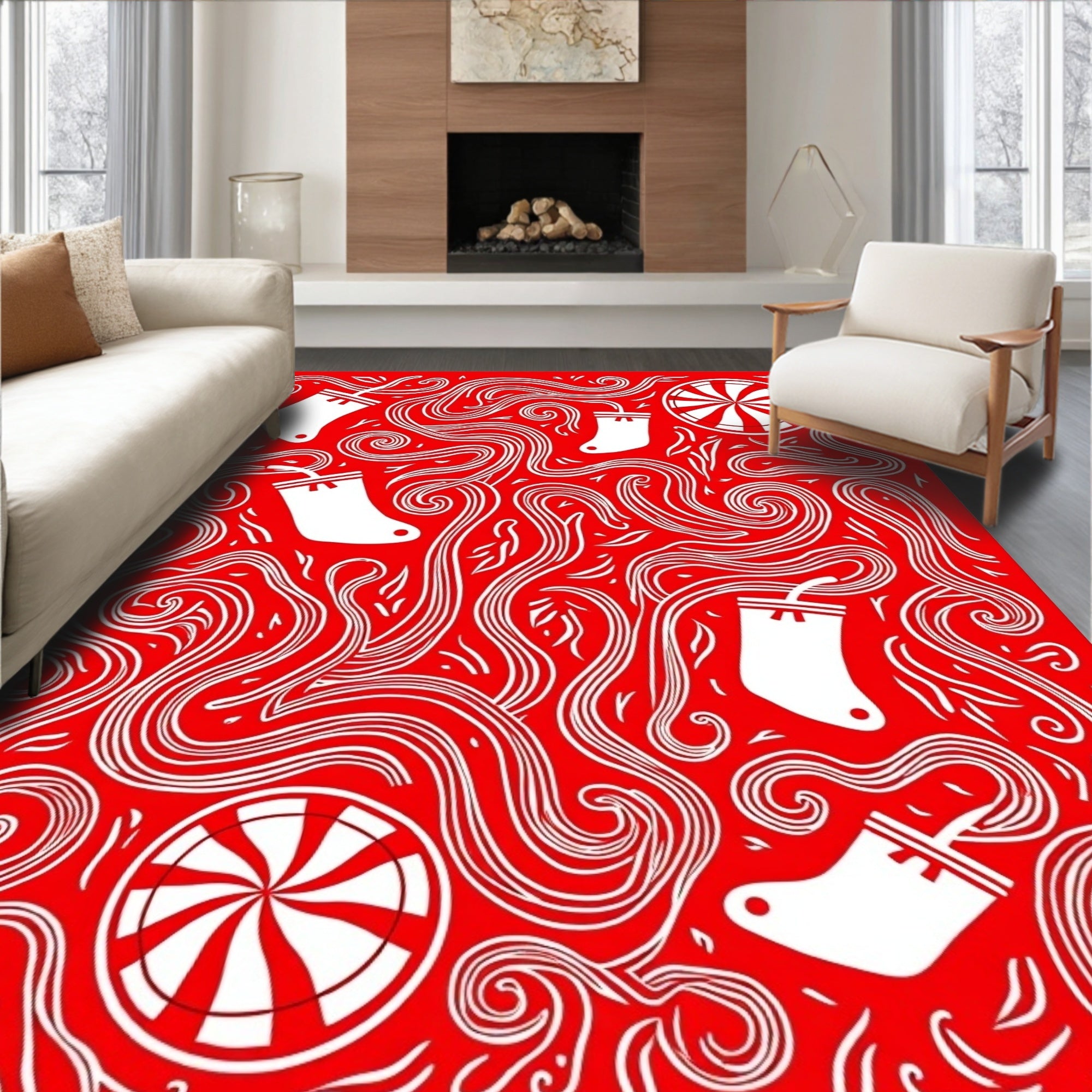 Red White Stocking Swirl Candy Rug