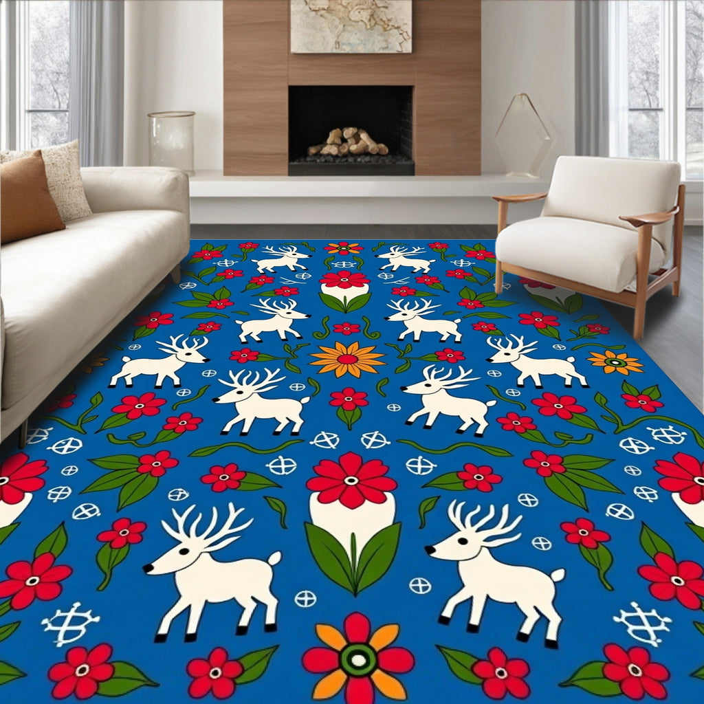 Whimsical White Deer Red Flower Tile Rug