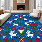 Whimsical White Deer Red Flower Tile Rug