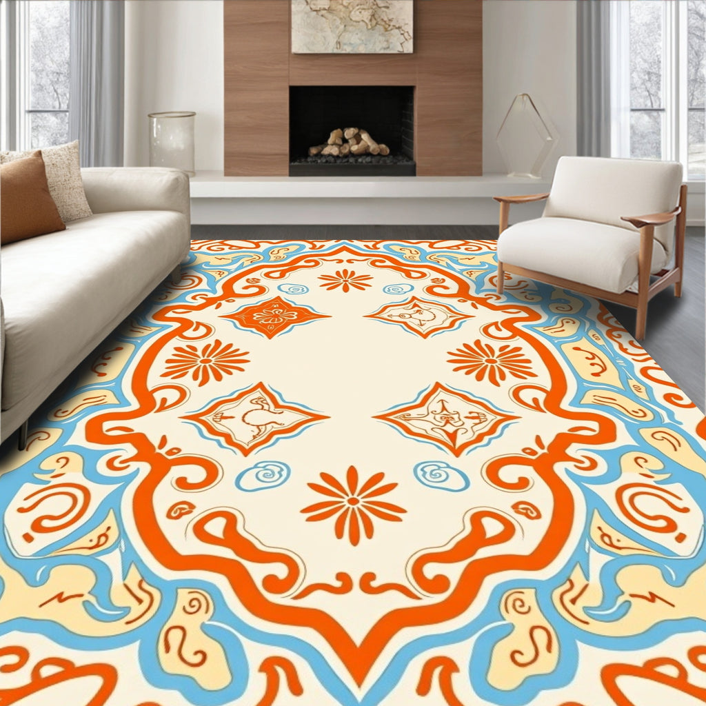 Orange Blue Floral Medallion Rug