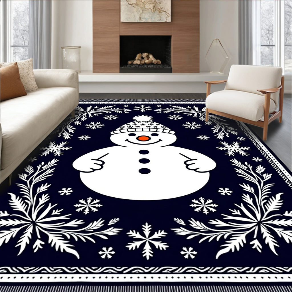Dark Blue Snowman Snowflake Frame Rug