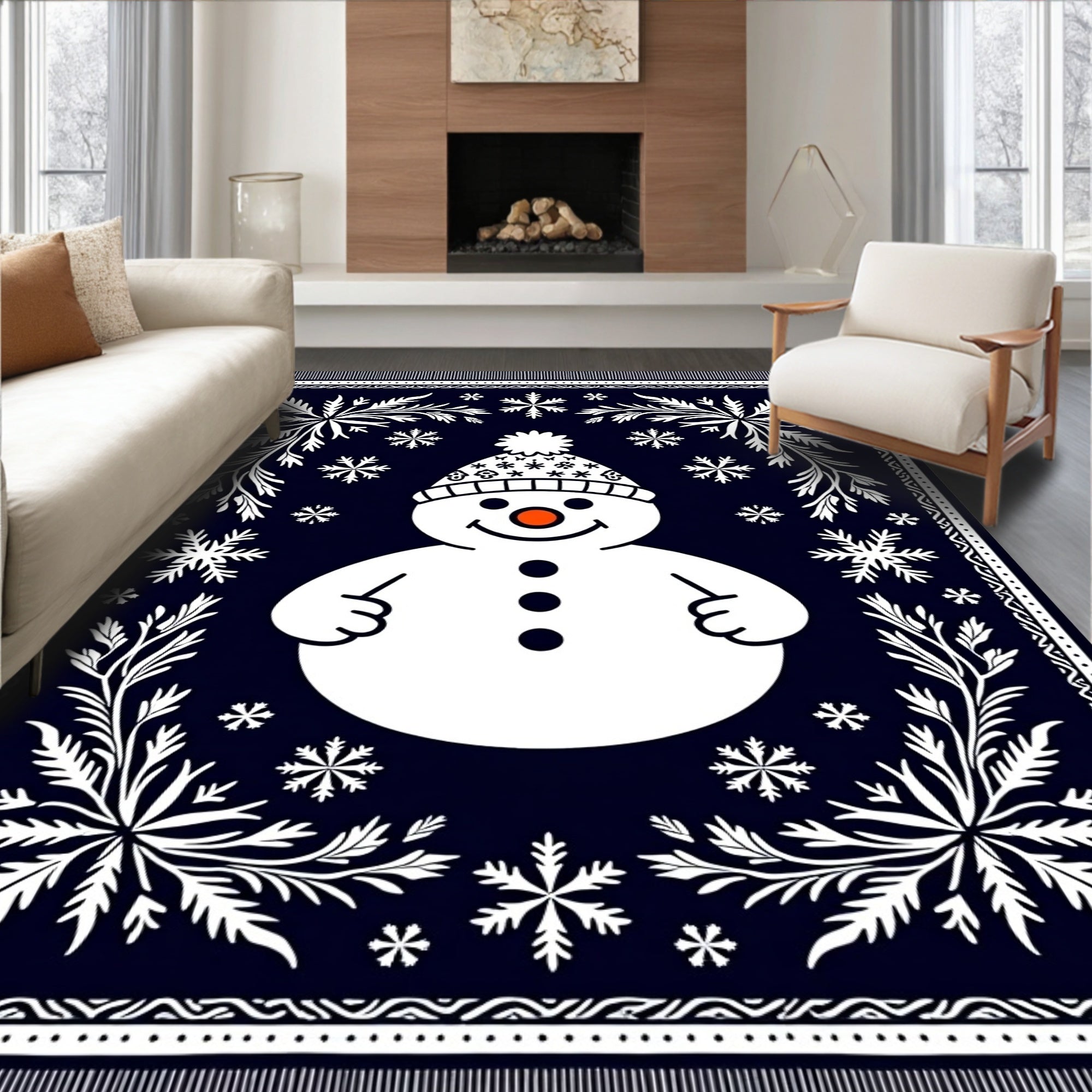 Dark Blue Snowman Snowflake Frame Rug