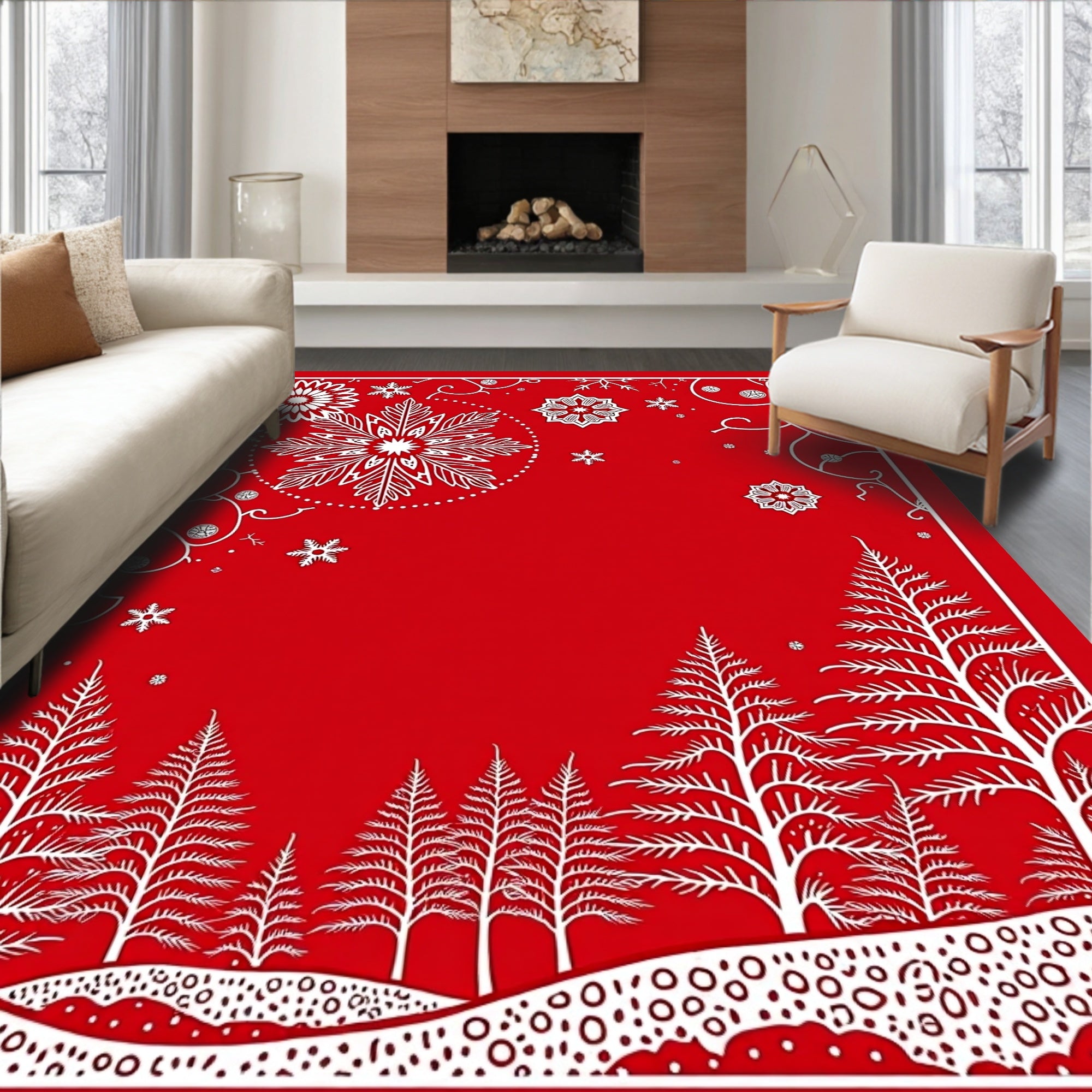 Crimson Winter Forest Snowflake Mandala Rug