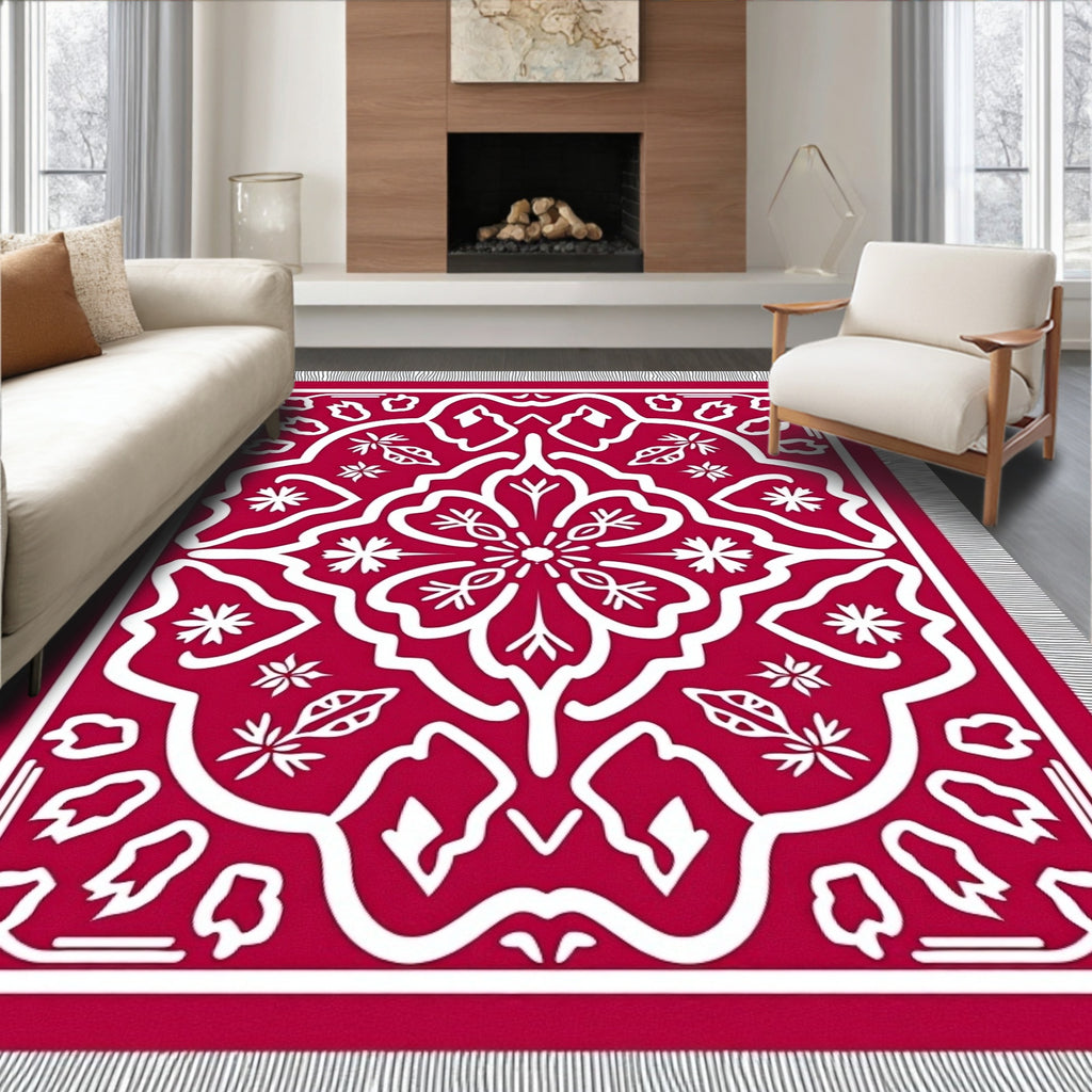 Crimson Symmetric Floral Lace Rug