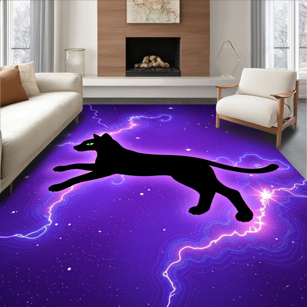 Cosmic Black Cat Lightning Sky Rug