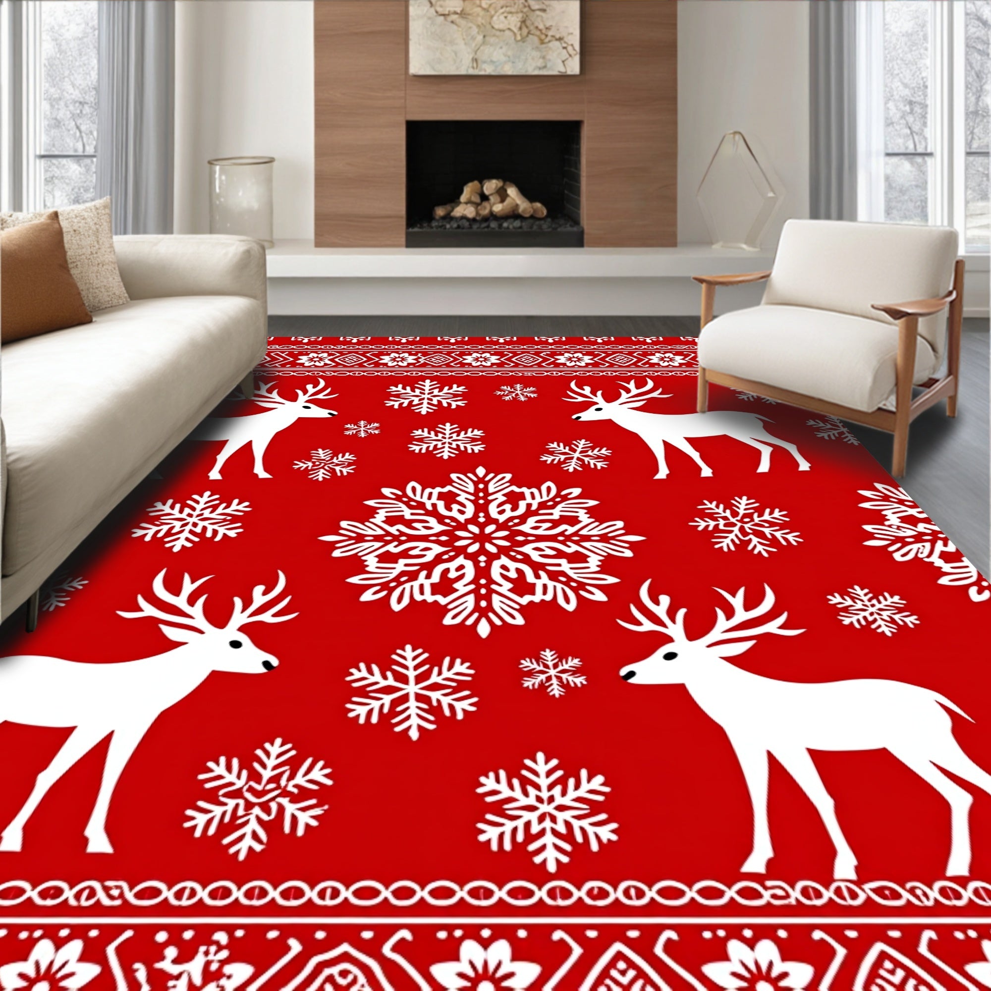 Bold Red White Reindeer Snowflake Festive Rug