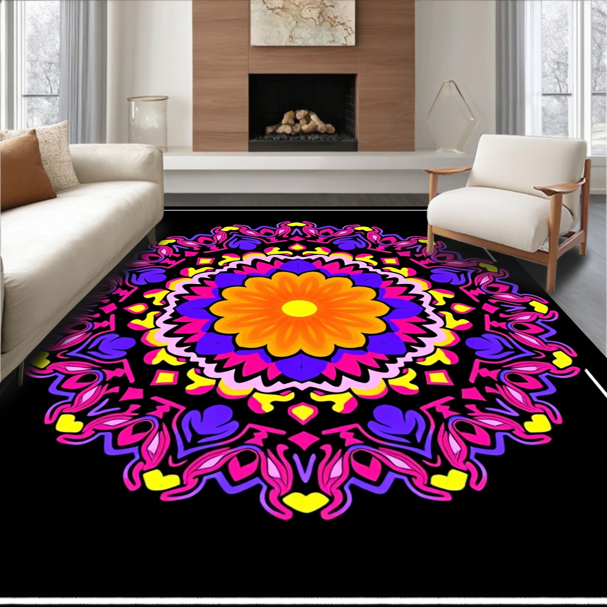 Vibrant Orange Flower Mandala Rug