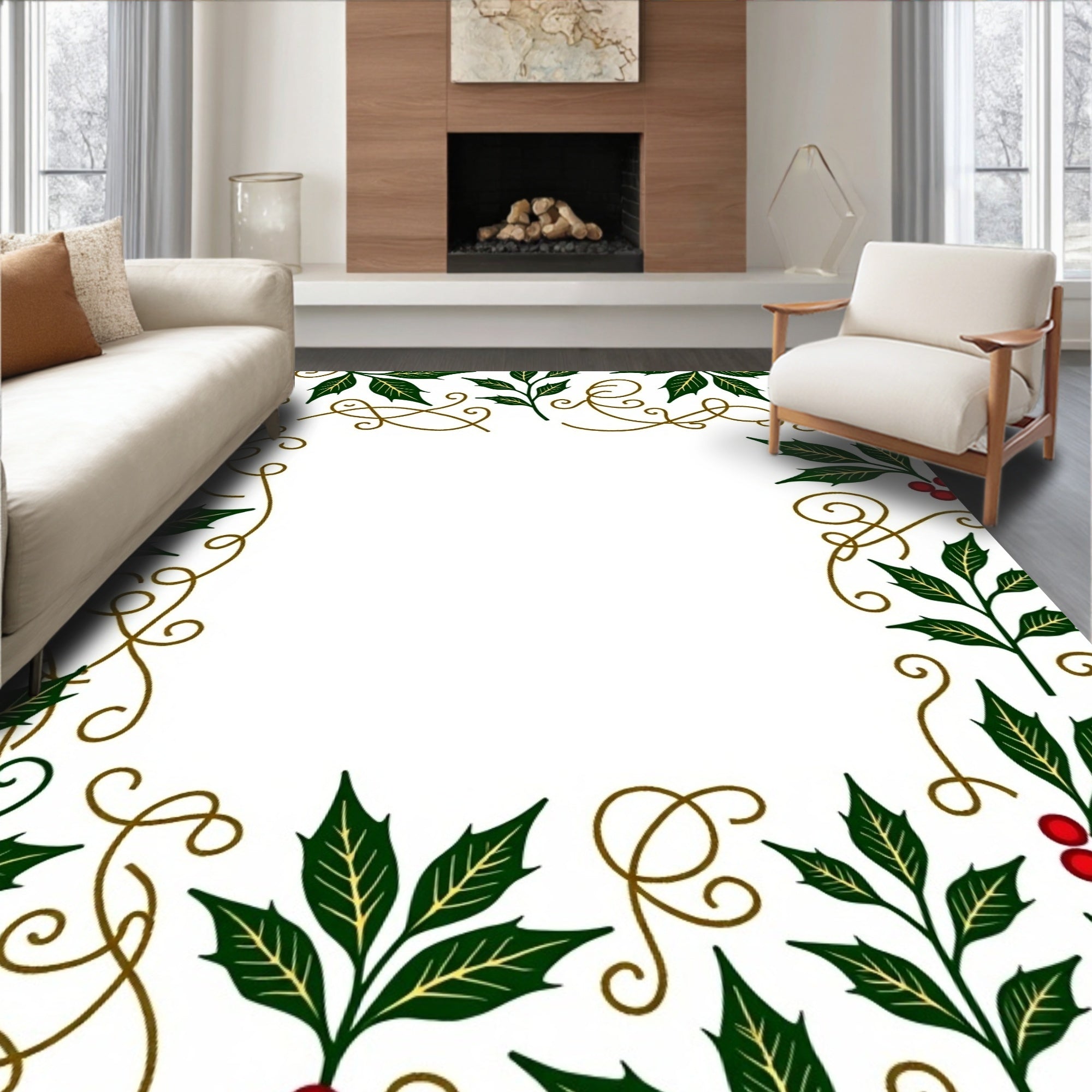 Elegant Holly Berry Scroll Border Rug