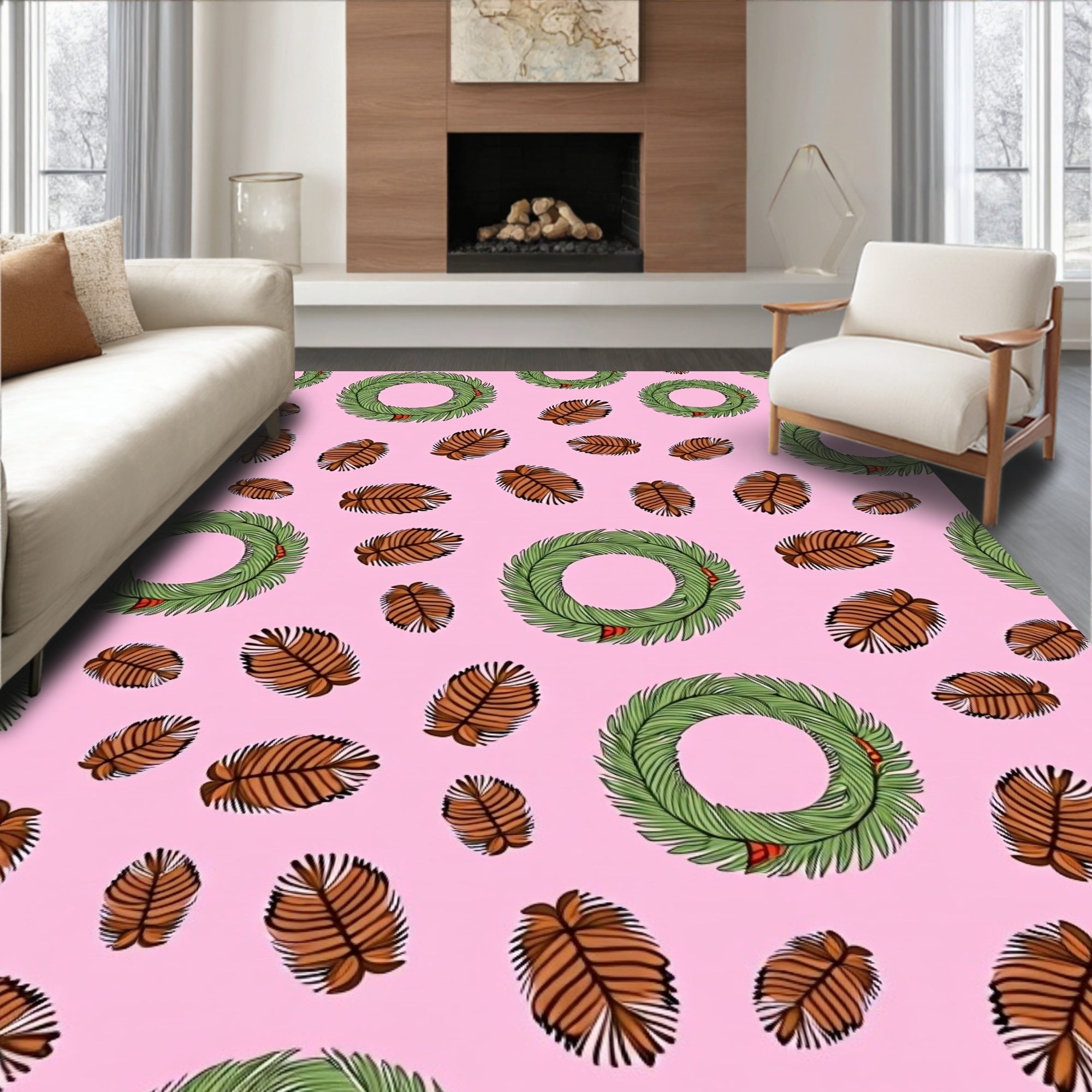 Festive Wreath Pinecone Pink Background Rug