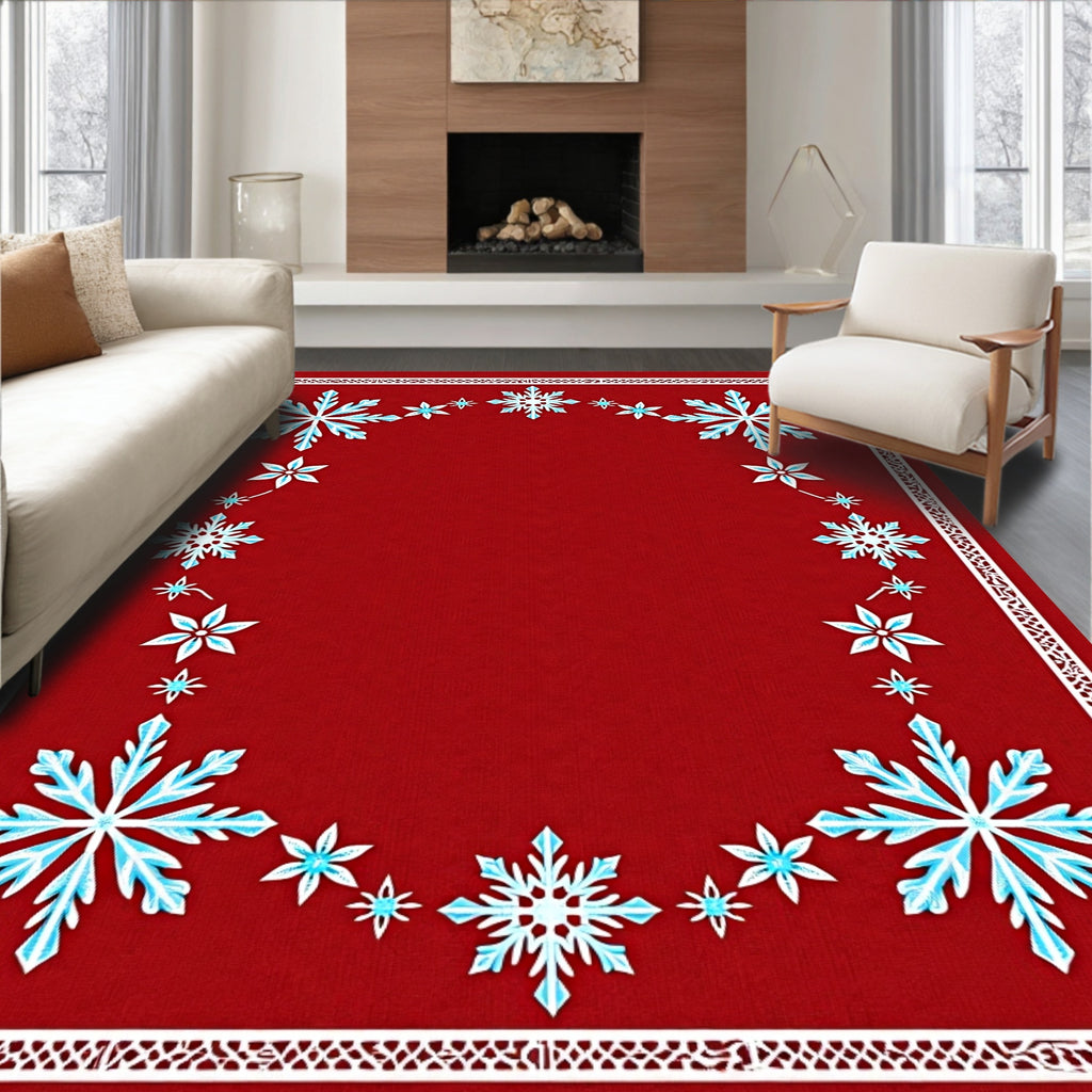 Festive Red Snowflake Border Rug