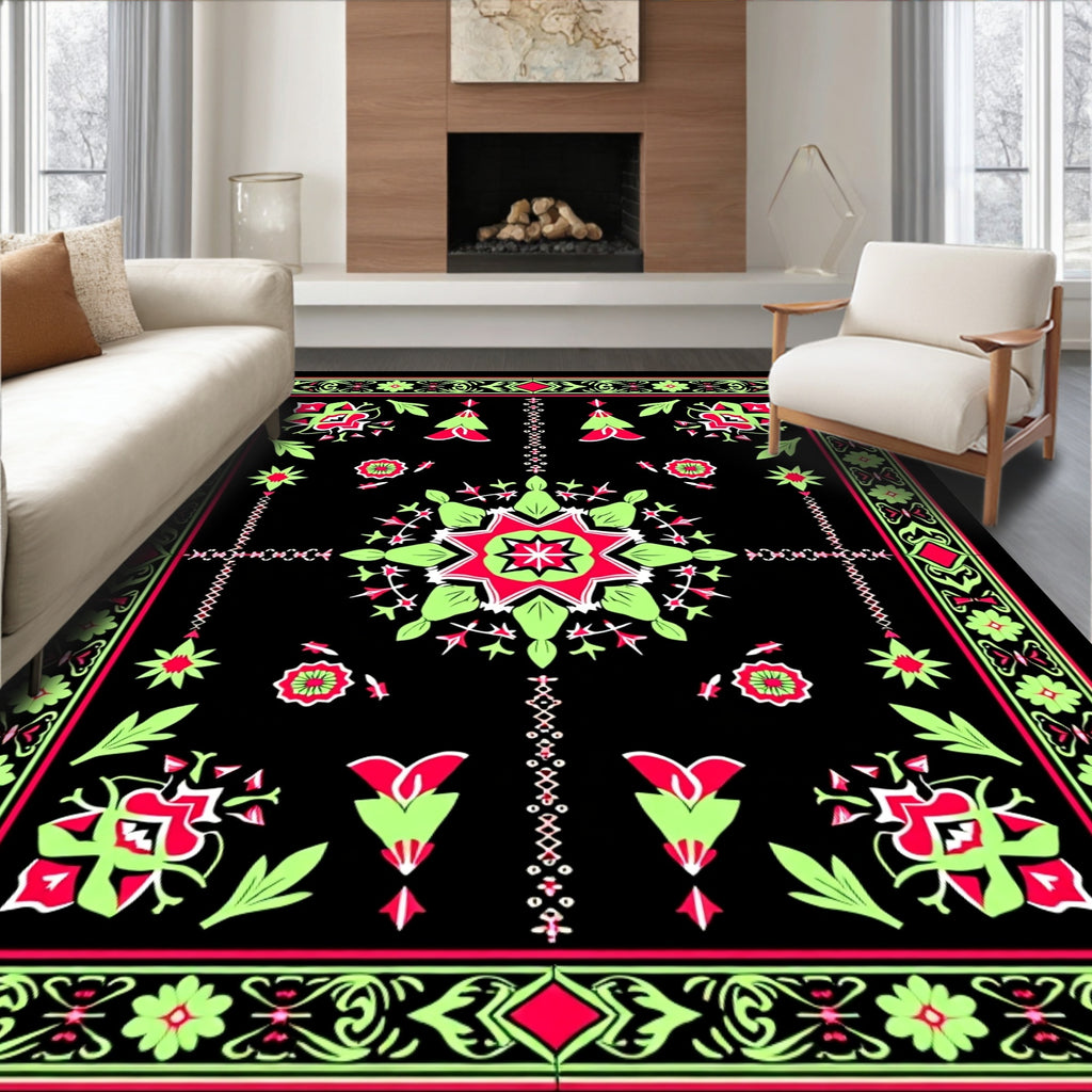 Vibrant Black Floral Medallion Rug