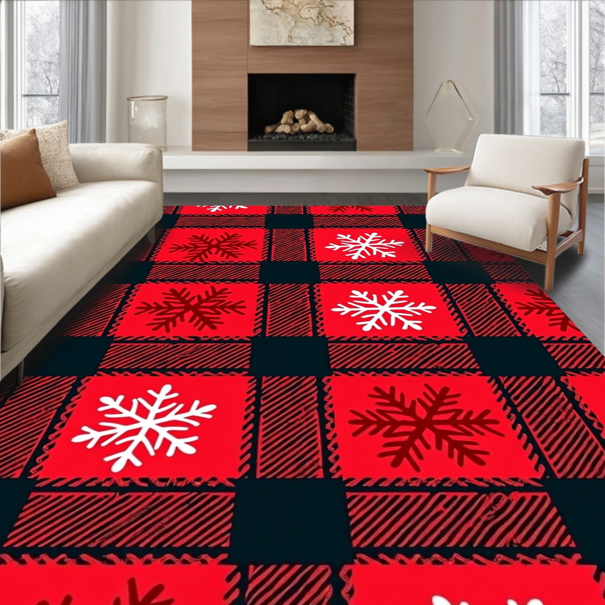 Red Black Plaid Snowflake Rug