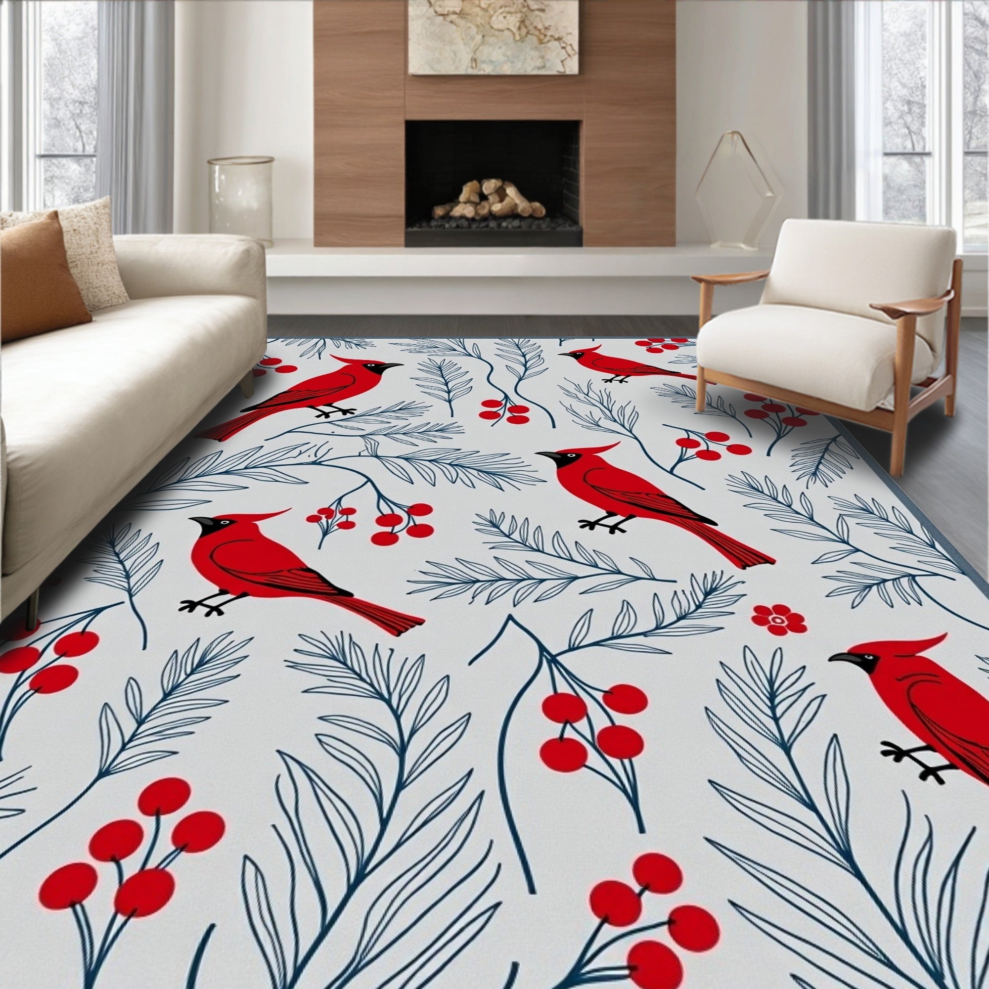 Red Cardinal Winter Berry Arrangement Rug