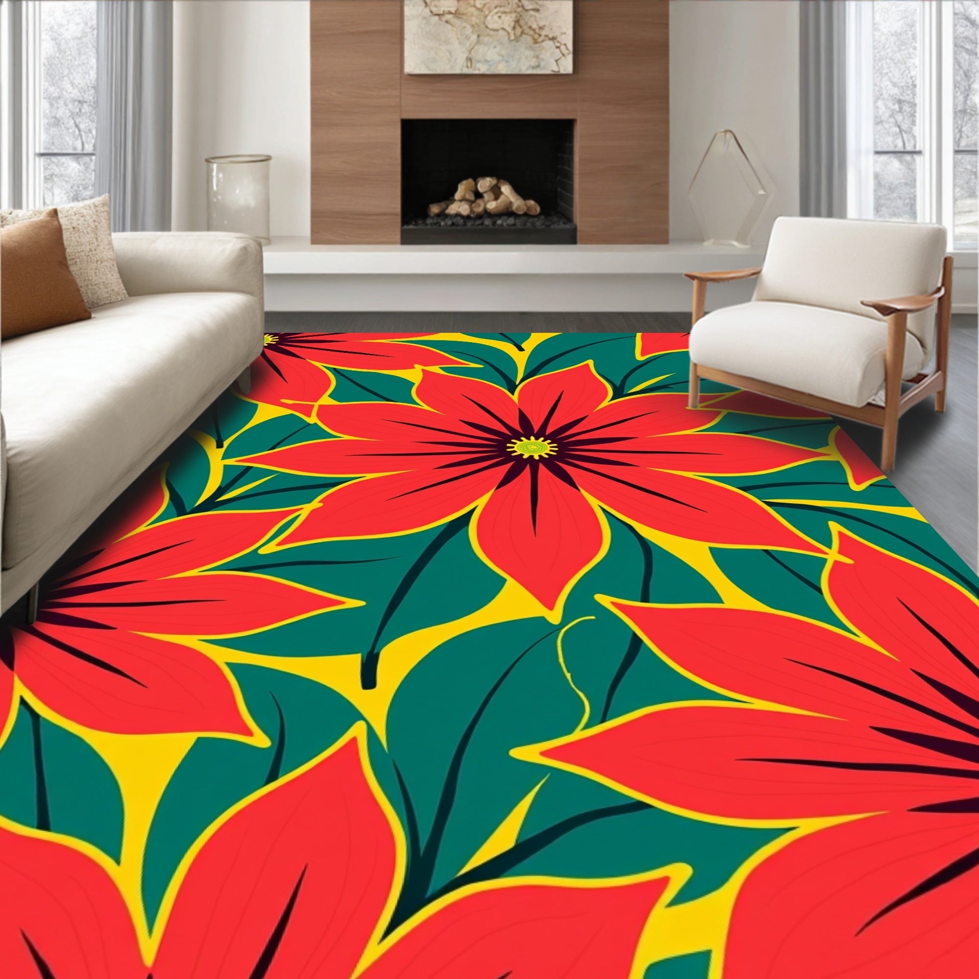 Bold Red Floral Tropical Leaves Rug