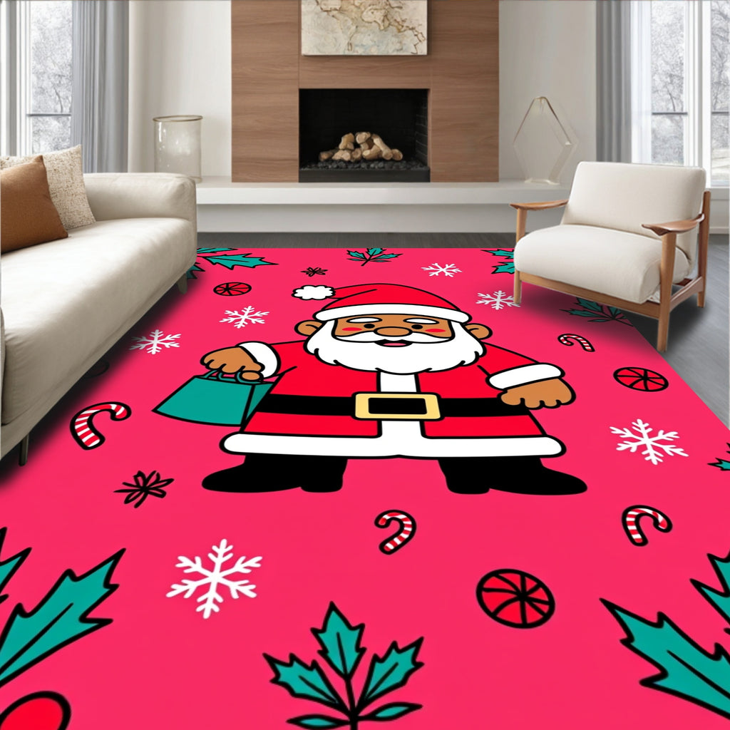 Jolly Santa Claus Candy Cane Holly Rug