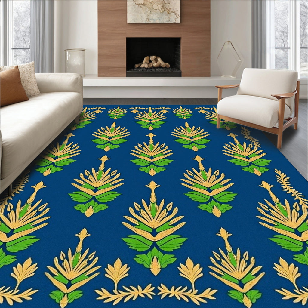 Royal Blue Green Golden Floral Arrangement Rug
