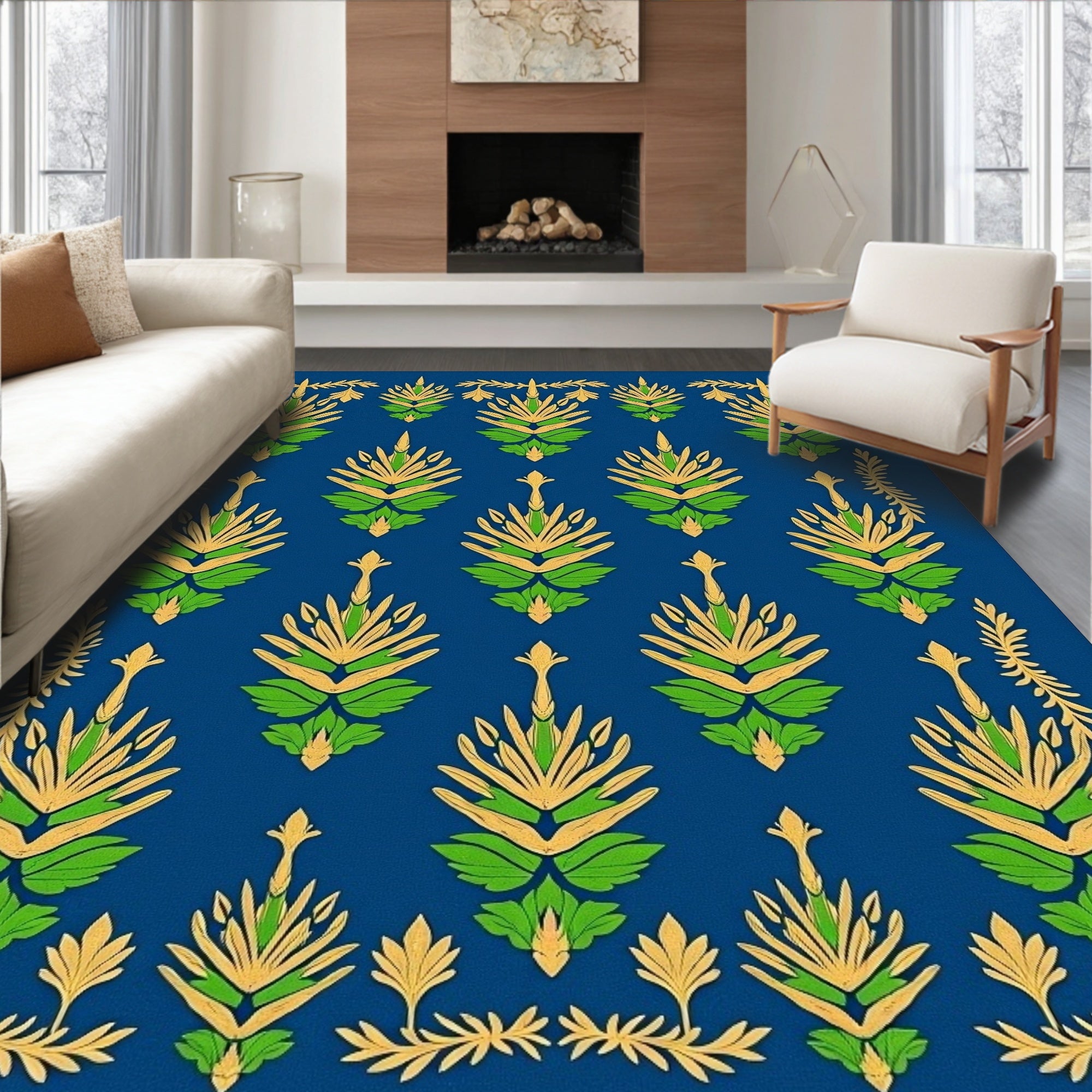 Royal Blue Green Golden Floral Arrangement Rug