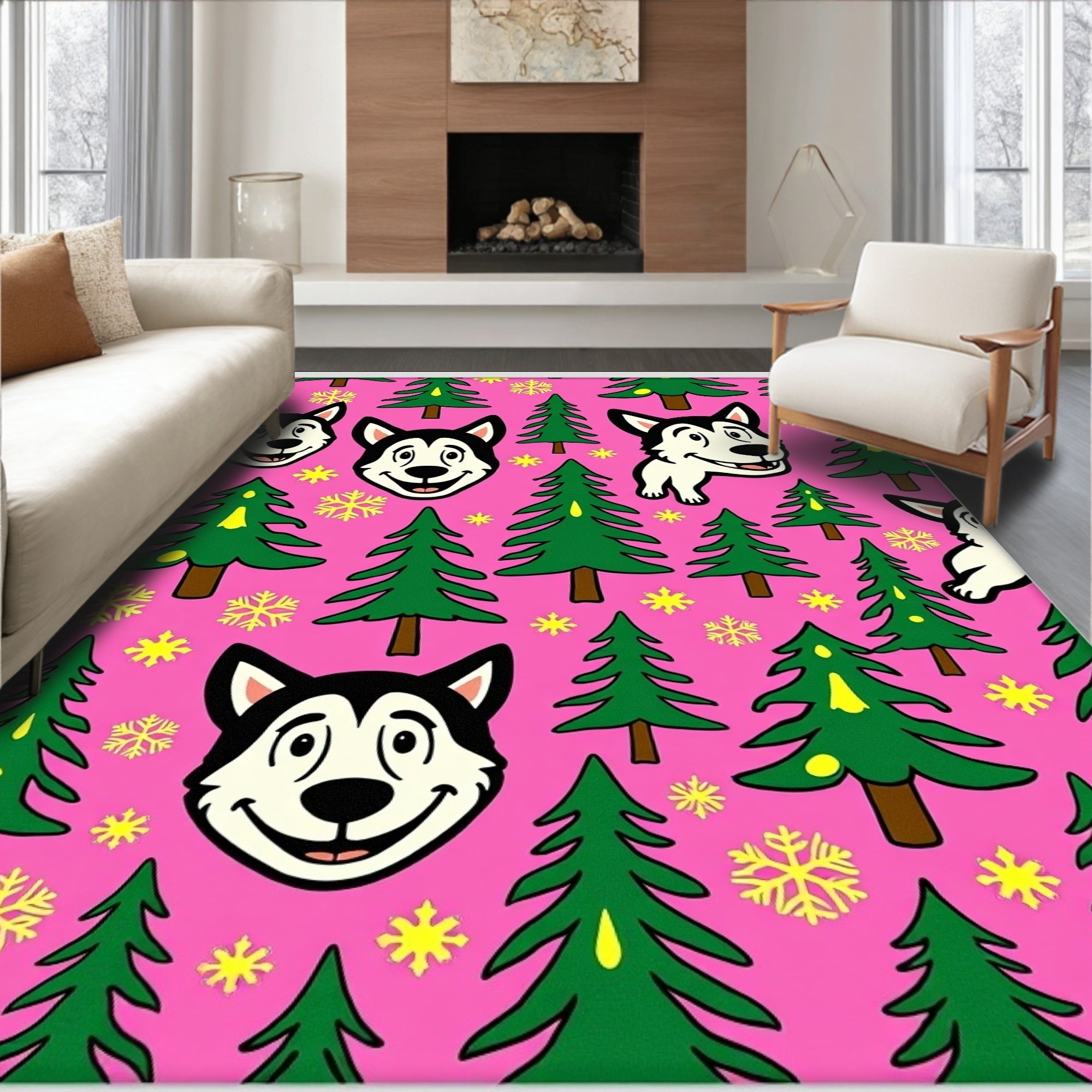 Pink Husky Christmas Trees Snowflakes Rug