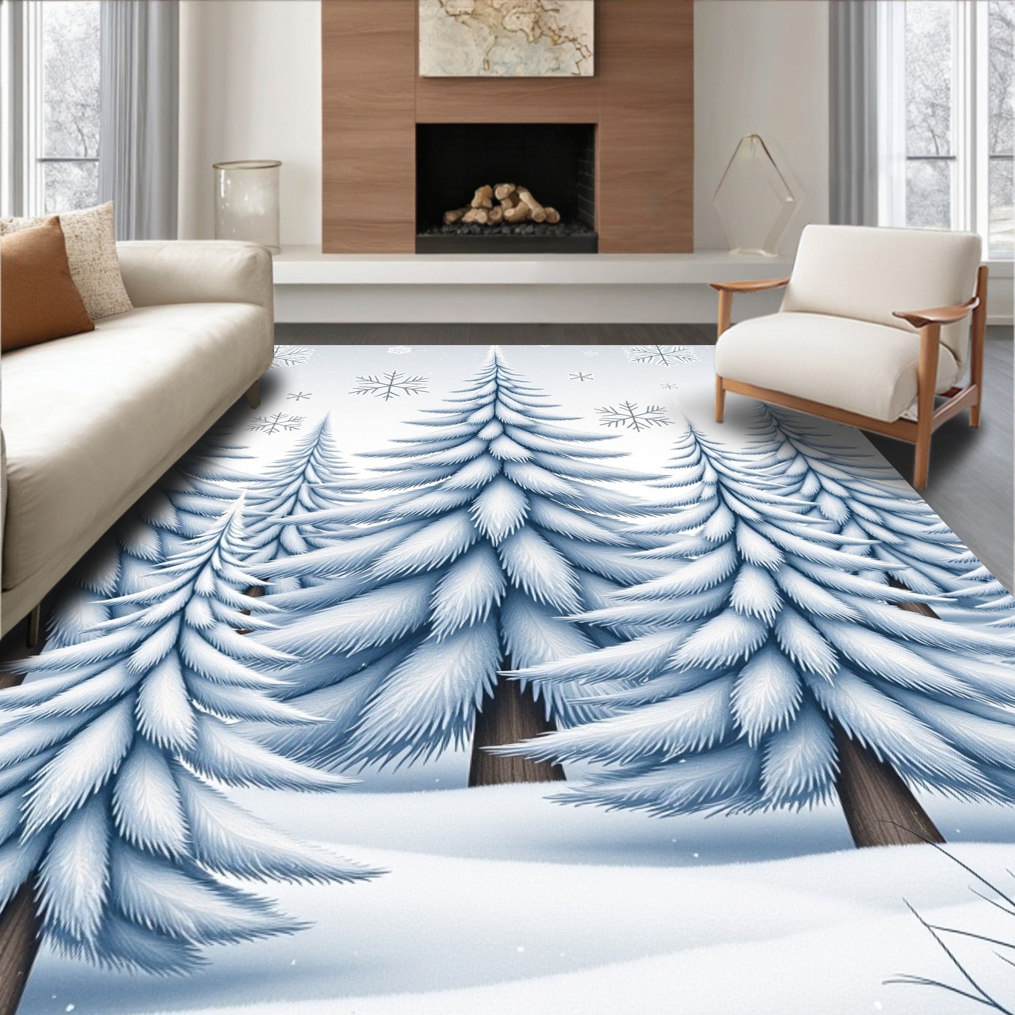 Winter Forest Snowflakes Pine Trees Rug