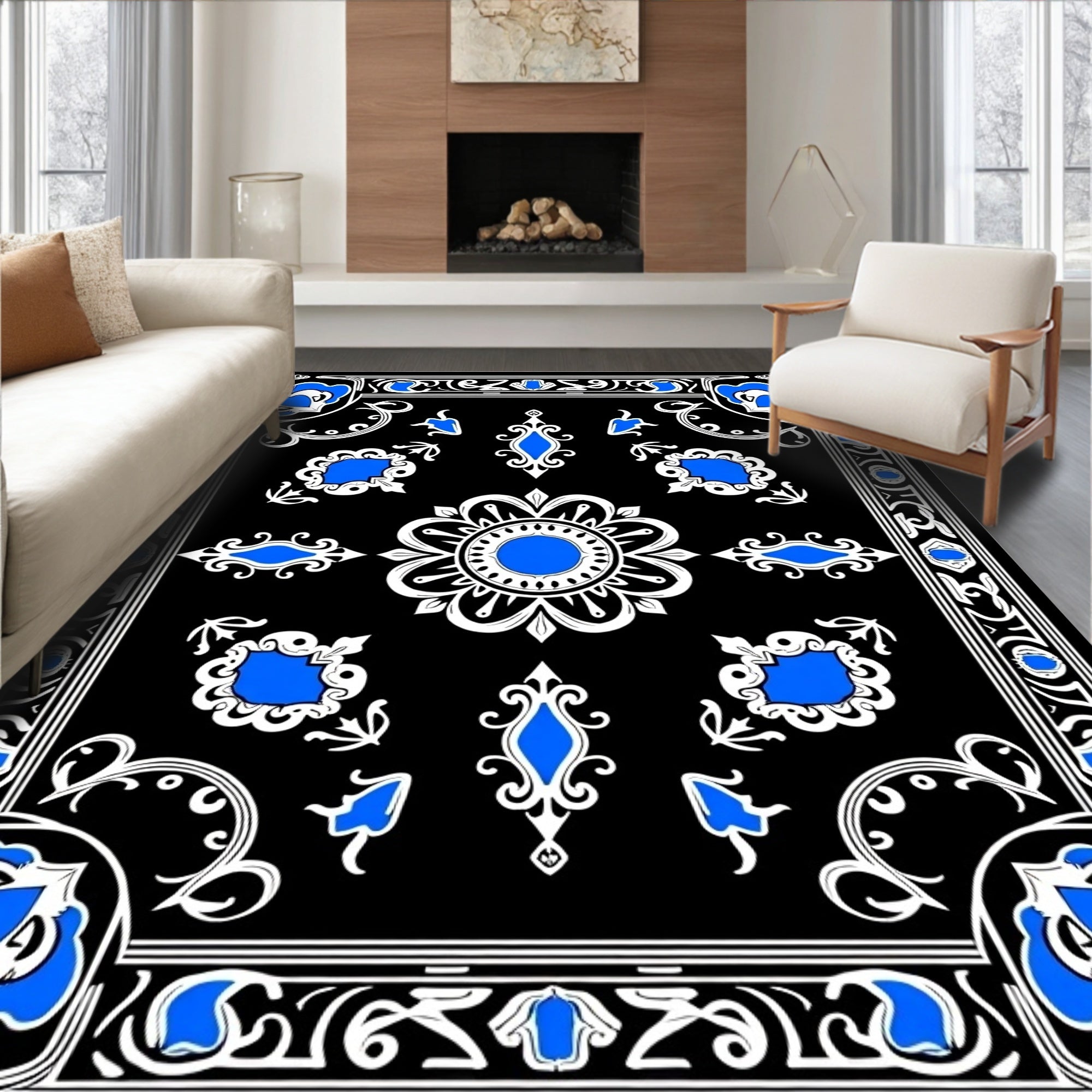 Black Floral Medallion Blue White Rug