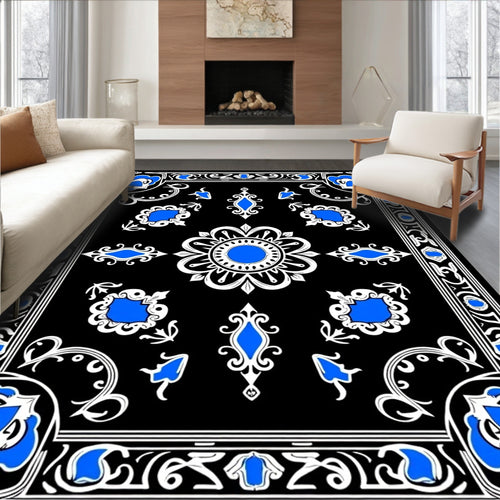 Black Floral Medallion Blue White Rug