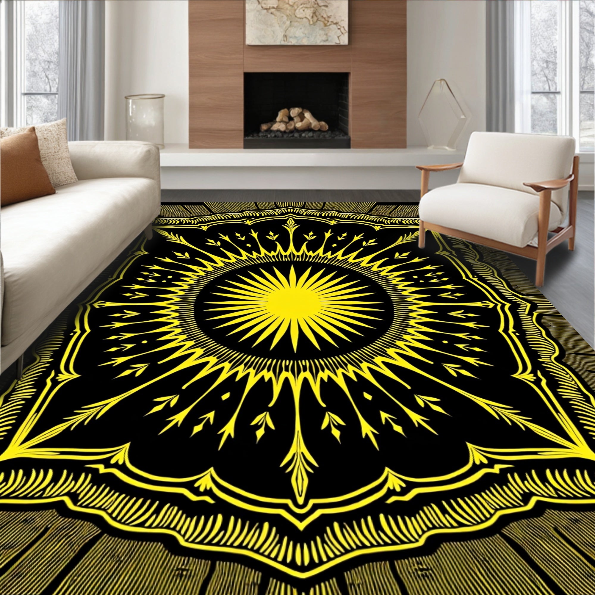 Yellow Sunburst Mandala Black Rug