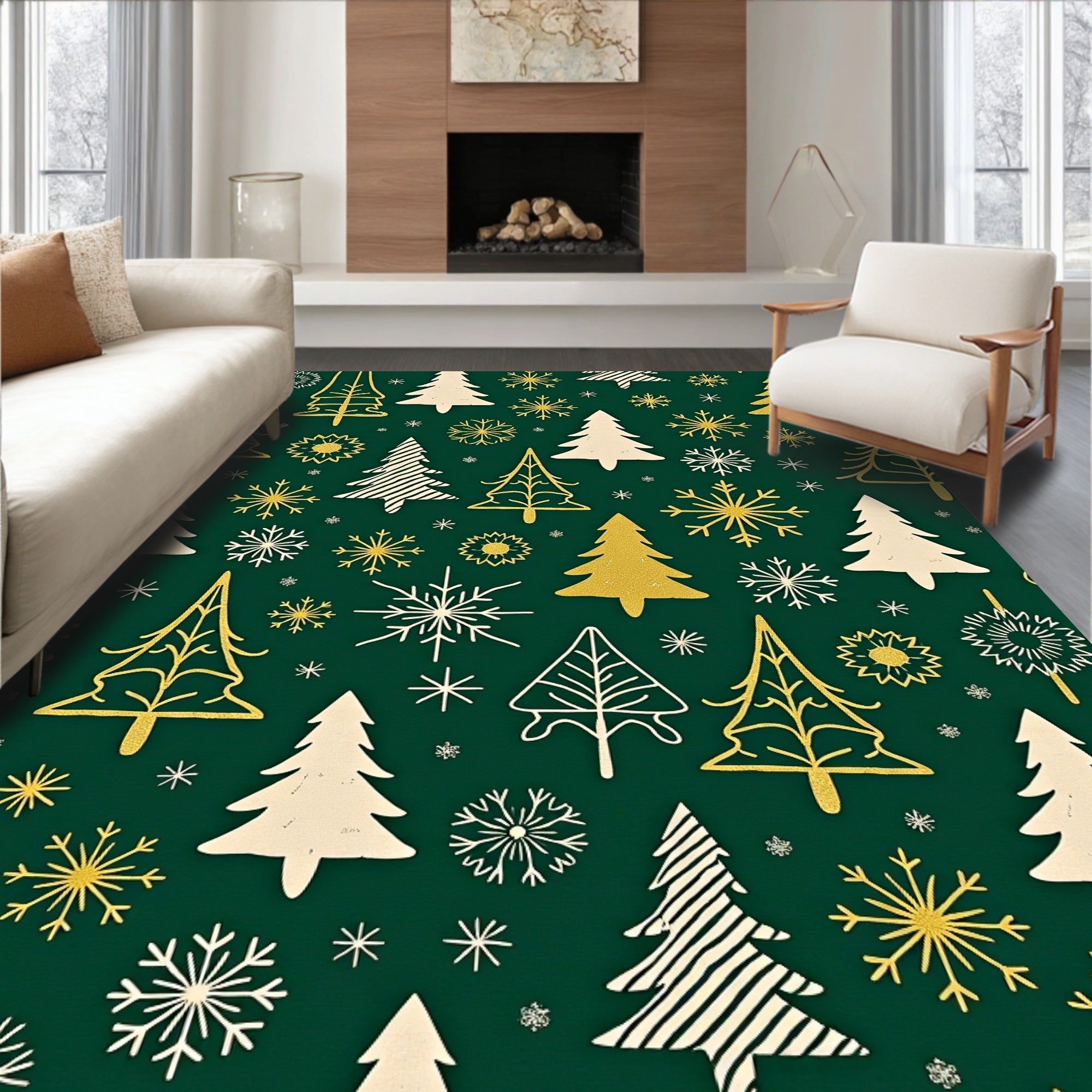 Festive White Gold Trees Snowflakes Emerald Rug