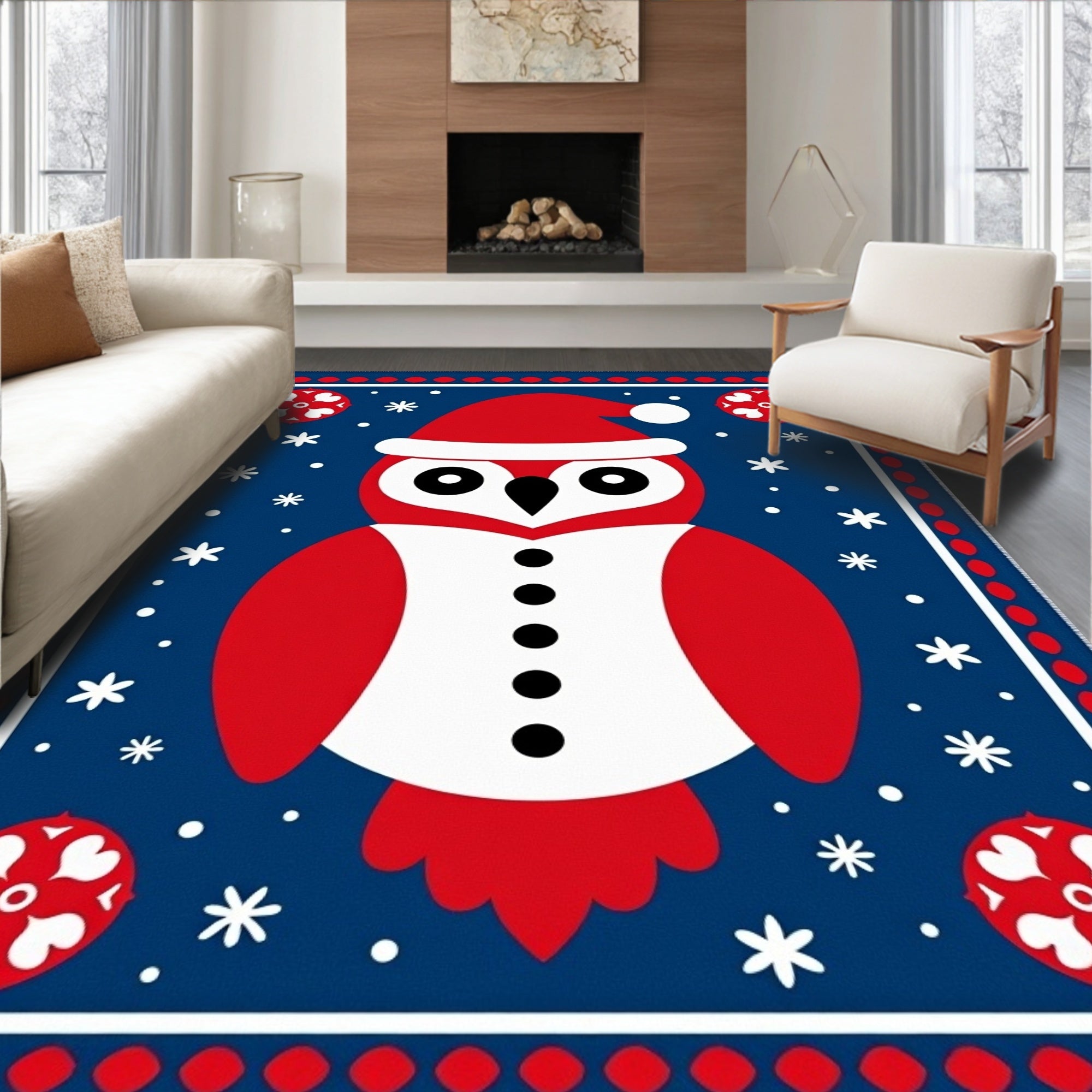 Red Snow Owl Winter Celebration Rug