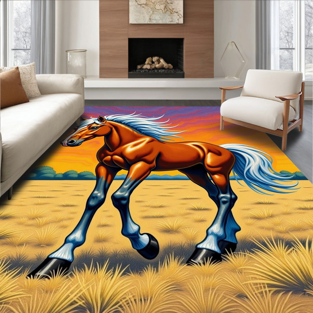Vibrant Brown Horse Sunset Field Rug