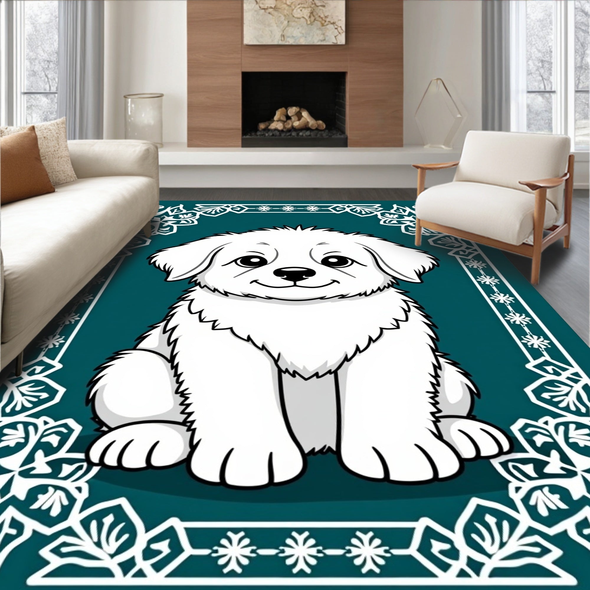 Charming White Puppy Floral Border Rug