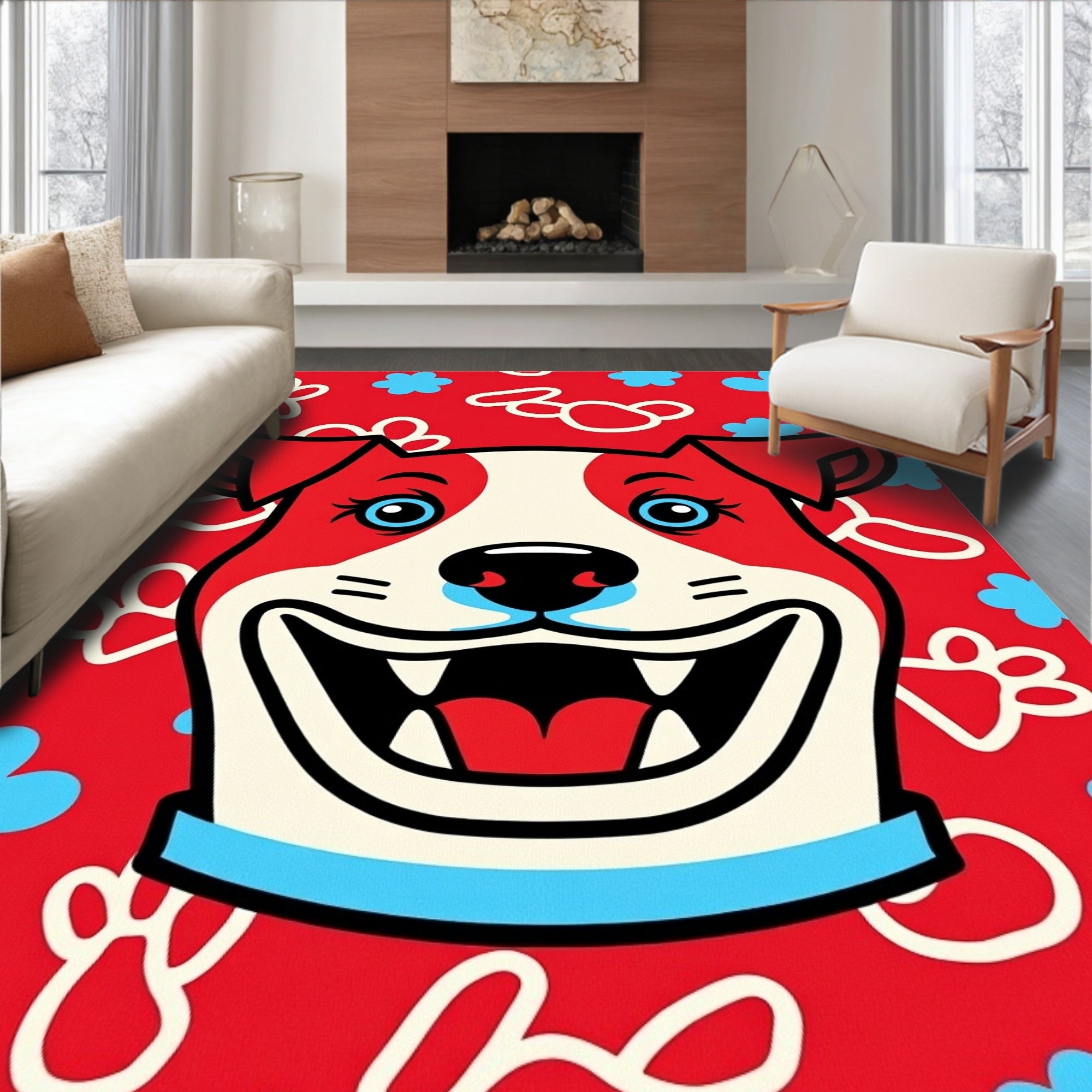 Crimson Happy Dog Paw Print Rug