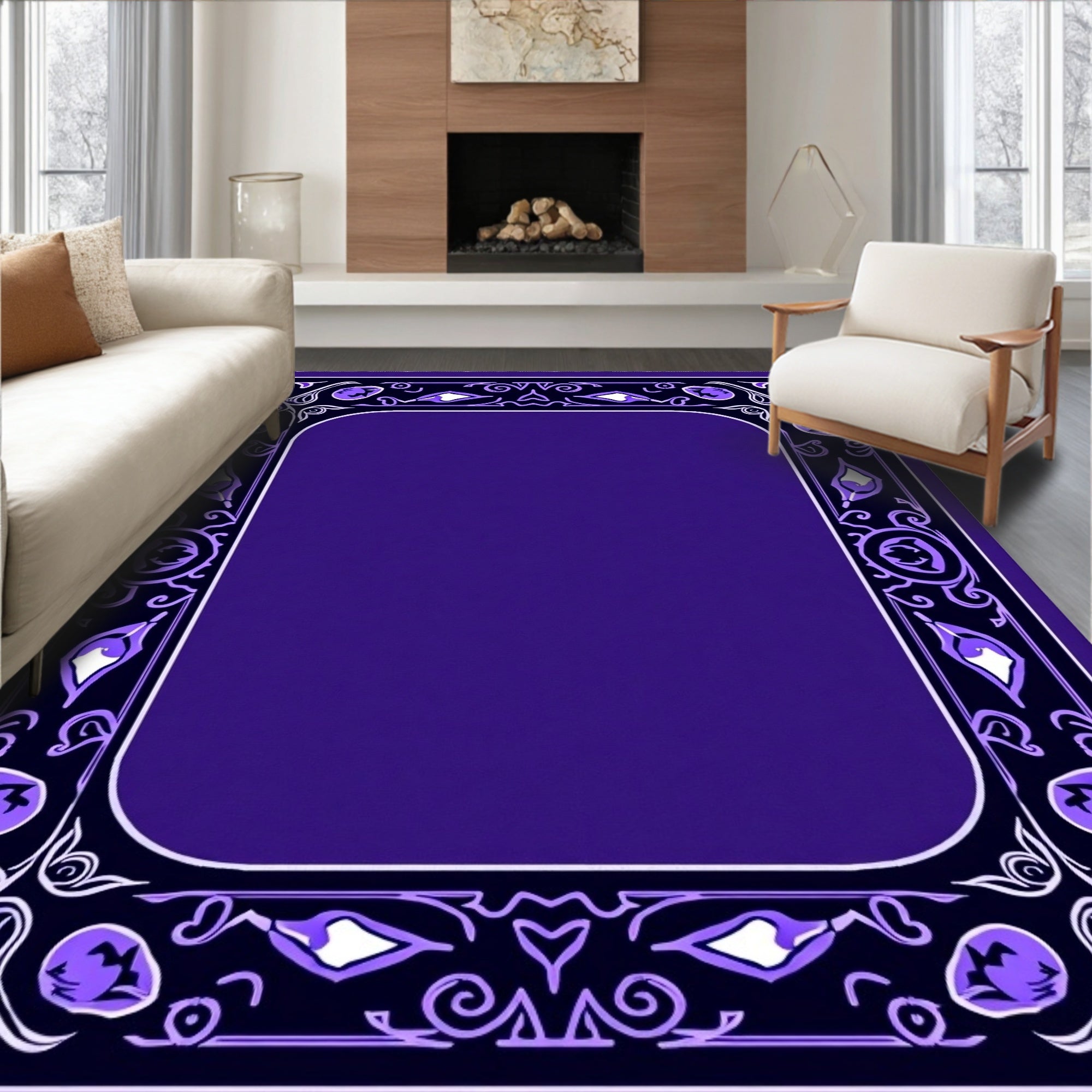 Elegant Deep Purple Floral Border Rug
