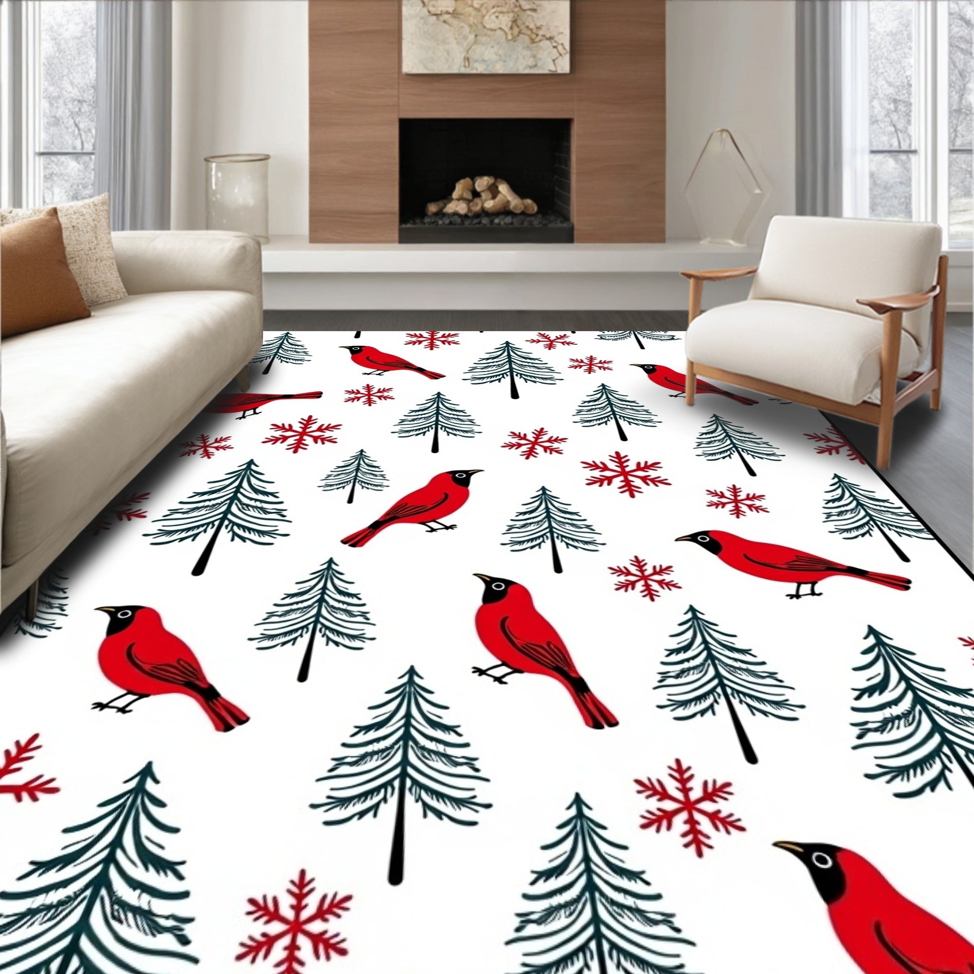 Red Cardinal Snowscape Trees Rug