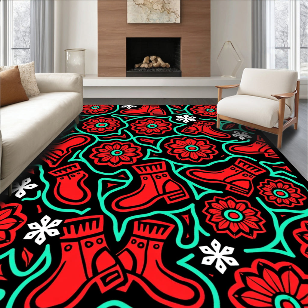 Red Boots Mint Green Floral Outline Rug