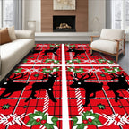 Red Plaid Black Reindeer Holly Christmas Rug