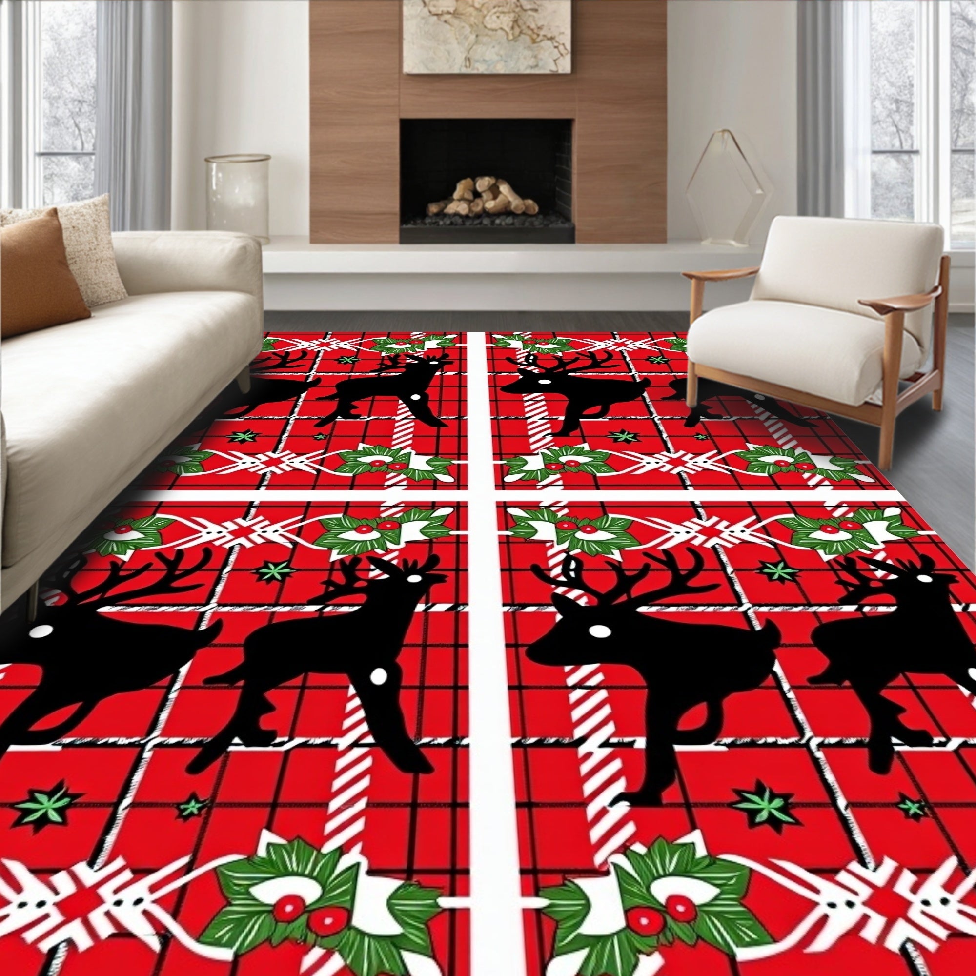 Red Plaid Black Reindeer Holly Christmas Rug
