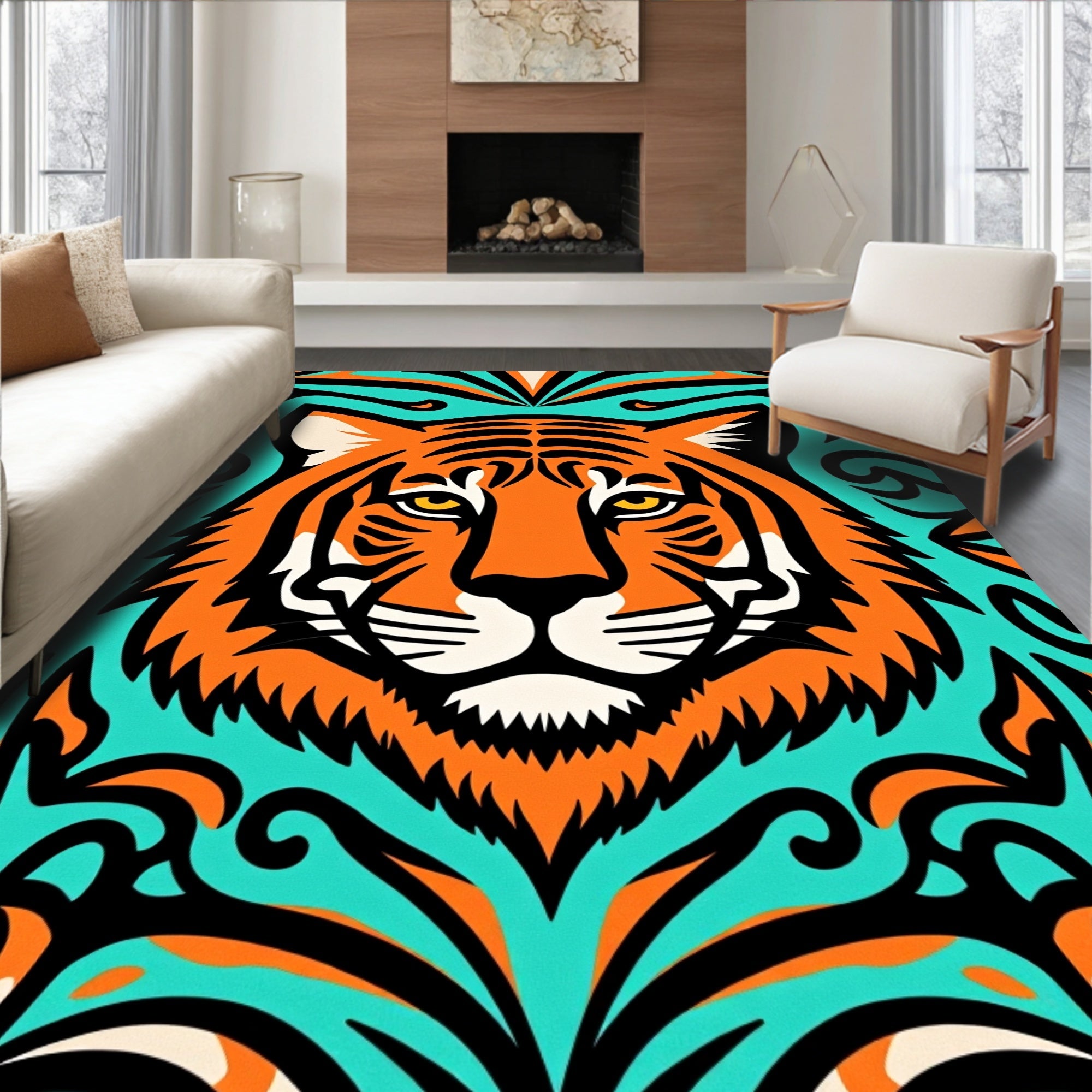 Bold Orange Tiger Teal Swirls Rug