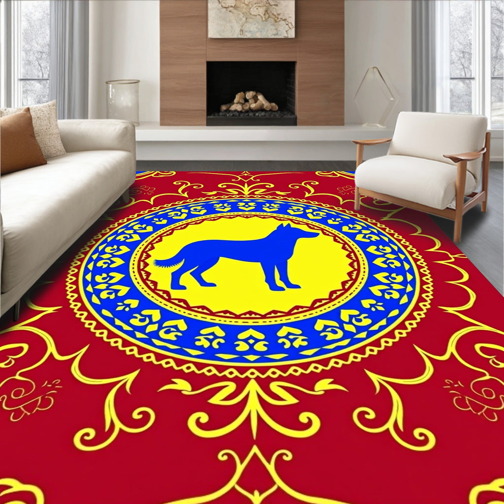 Crimson Blue Yellow Dog Medallion Rug