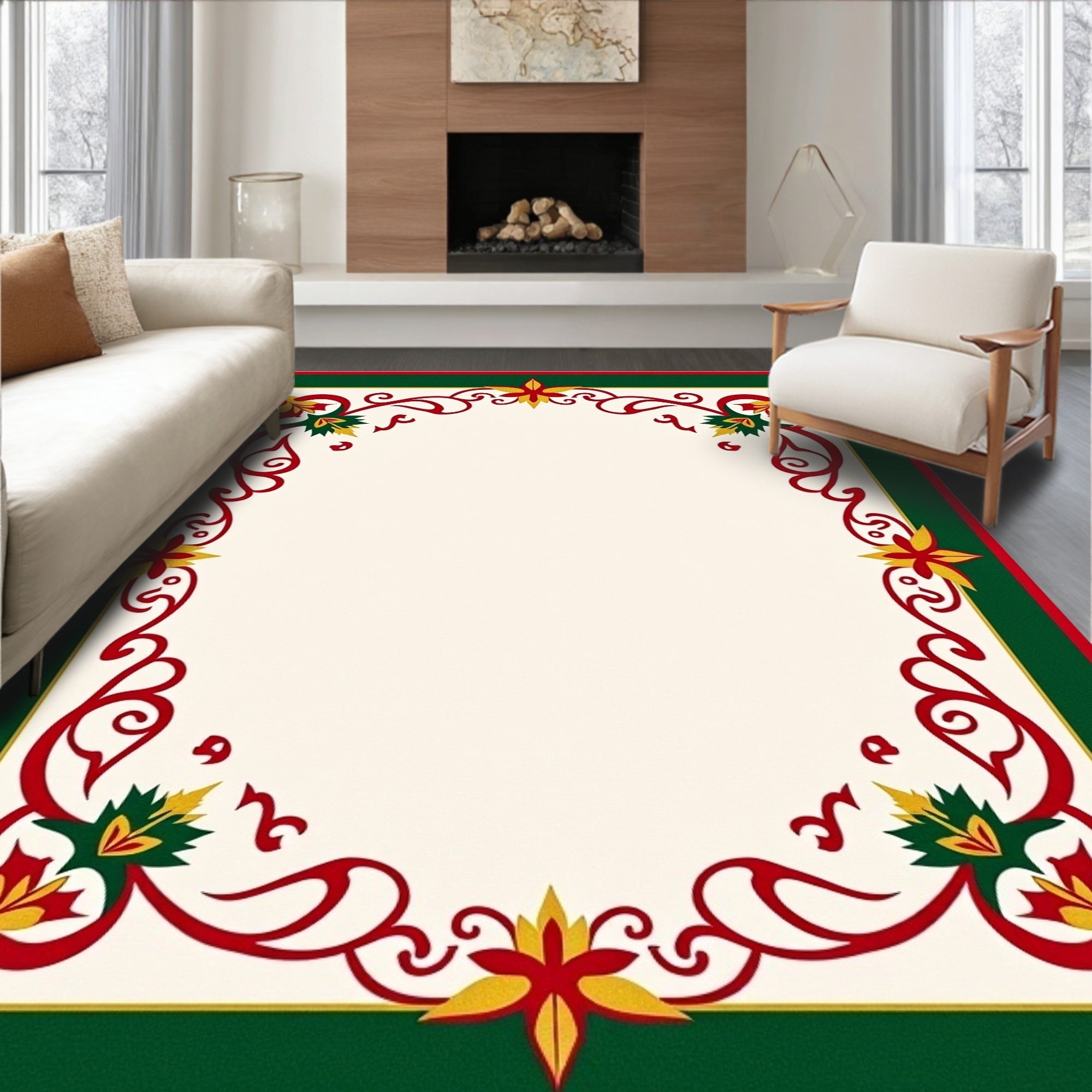 Festive Red Green Gold Floral Garland Rug