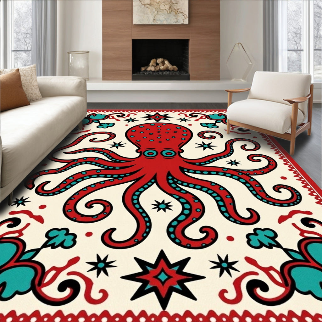 Crimson Octopus Starburst Folk Art Rug