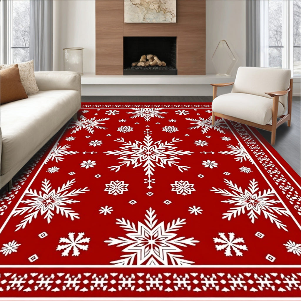 Crimson Snowflakes Bordered Holiday Rug