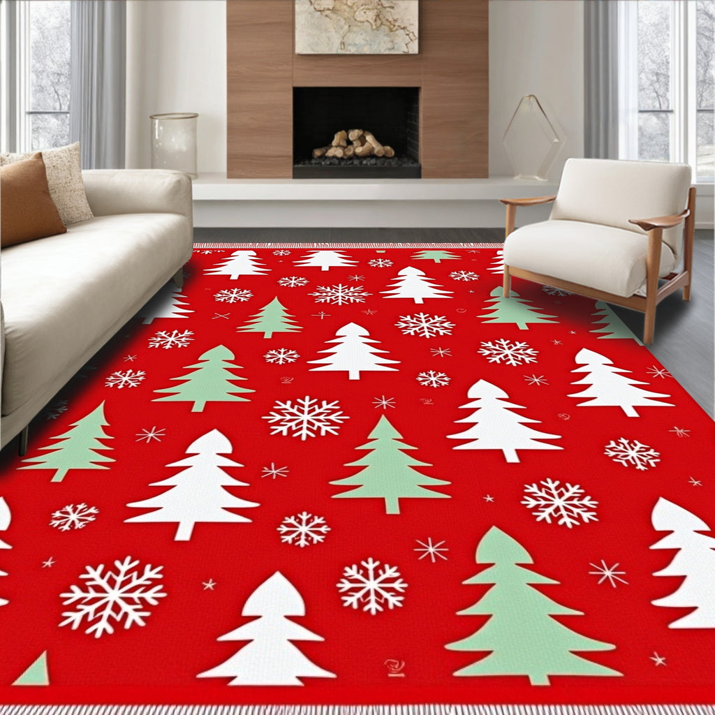 Festive Red Evergreen Snowflake Trees Rug