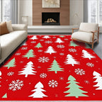 Festive Red Evergreen Snowflake Trees Rug