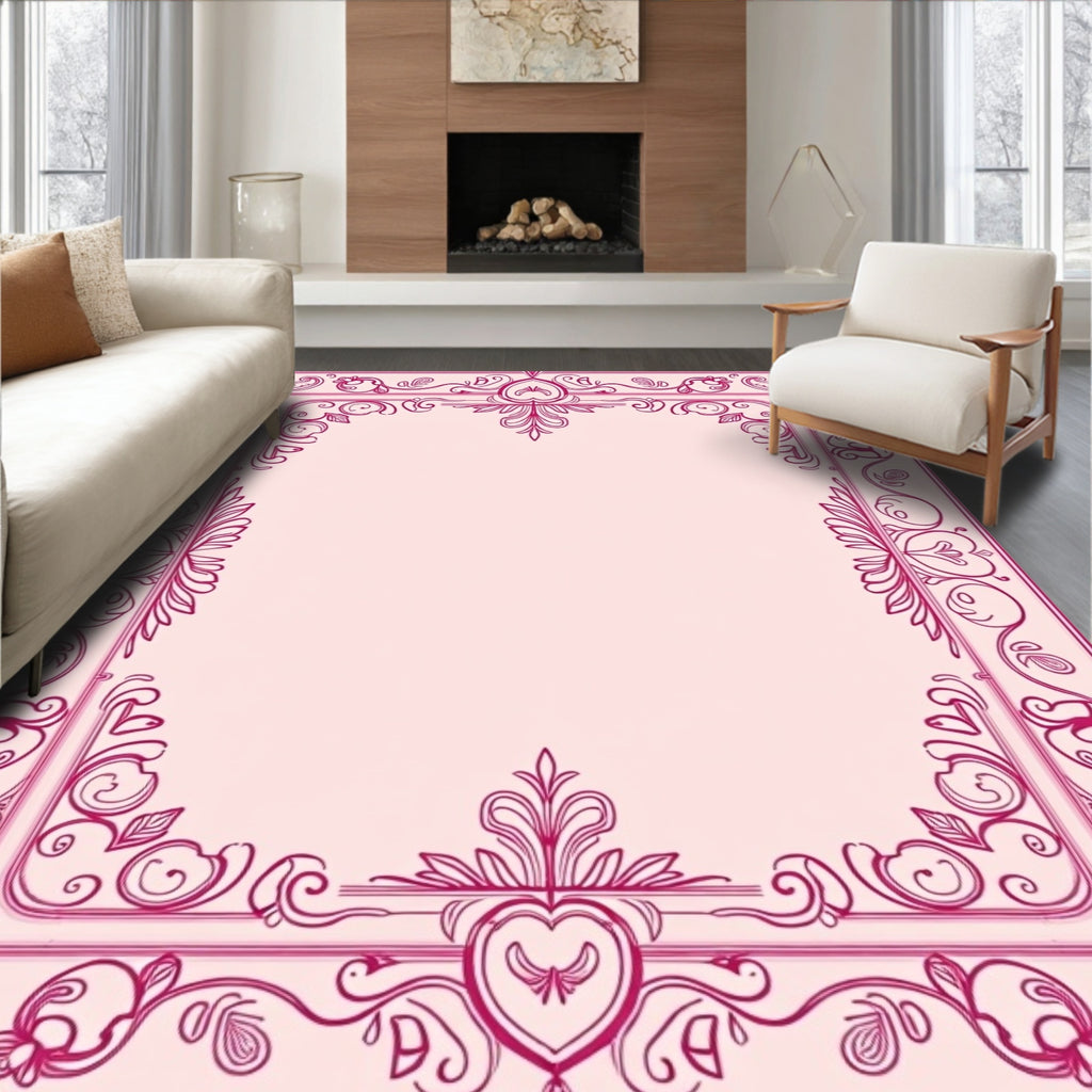 Pink Floral Heart Filigree Frame Rug